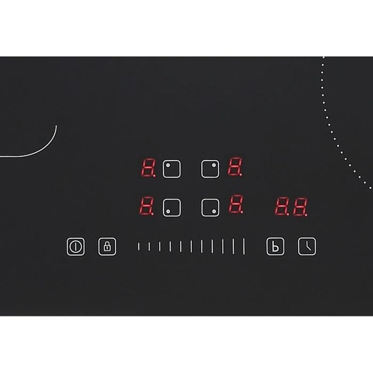 Czarna płyta indukcyjna z czerwonymi wyświetlaczami cyfrowymi i sterowaniem dotykowym.