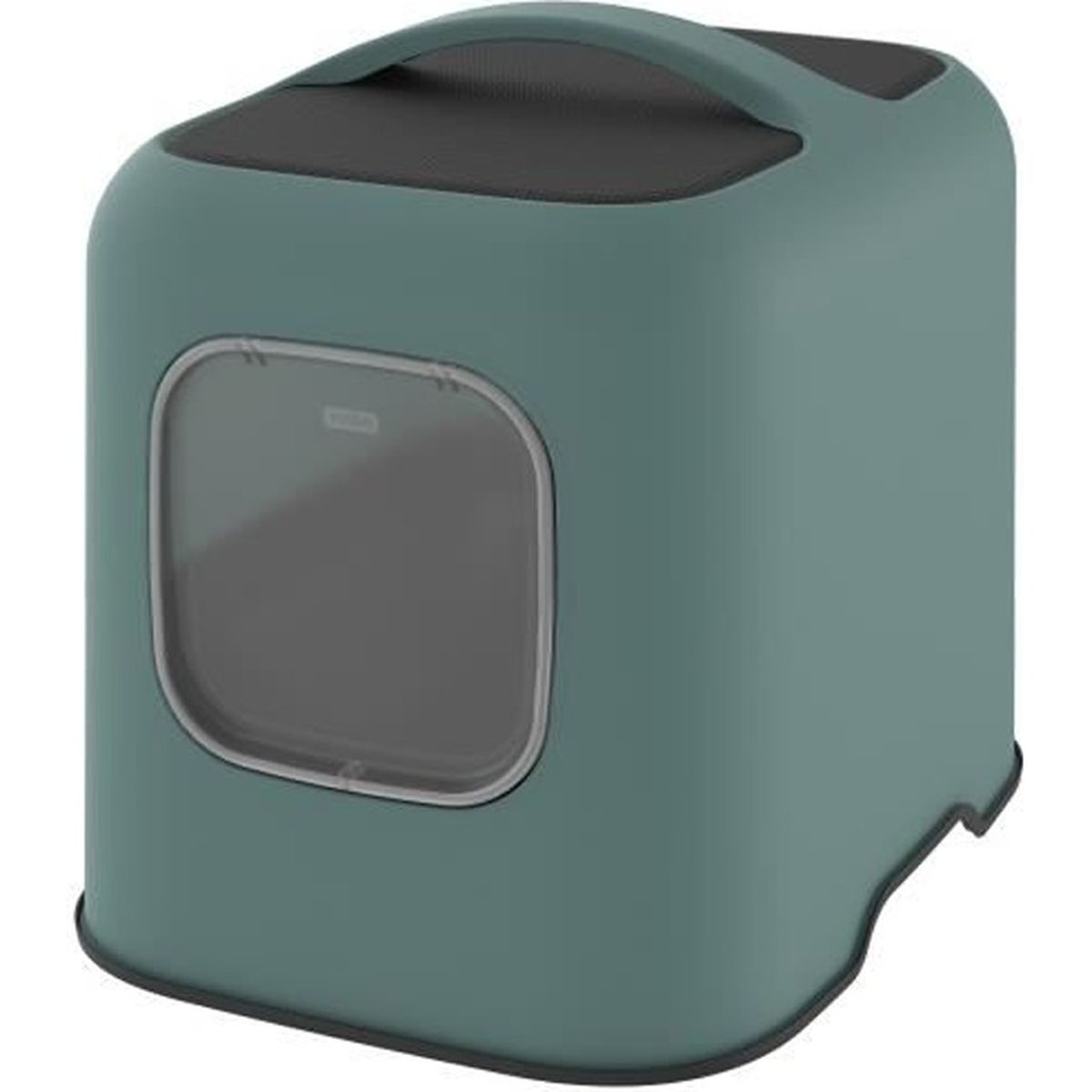 Lettiera verde per gatti con maniglia e porta trasparente.