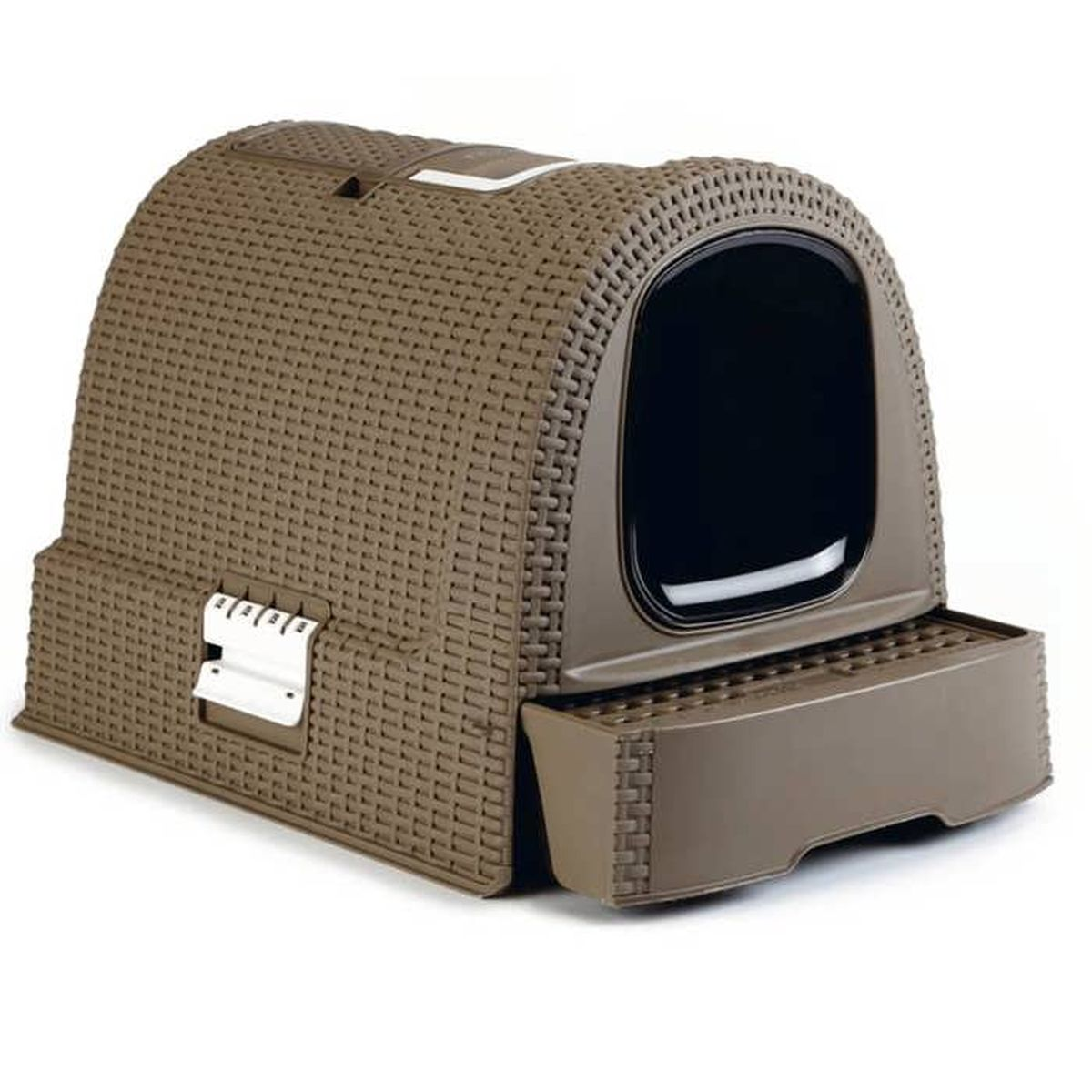 Eine braune, geschlossene Katzentoilette mit strukturiertem Design und Schwingtür.