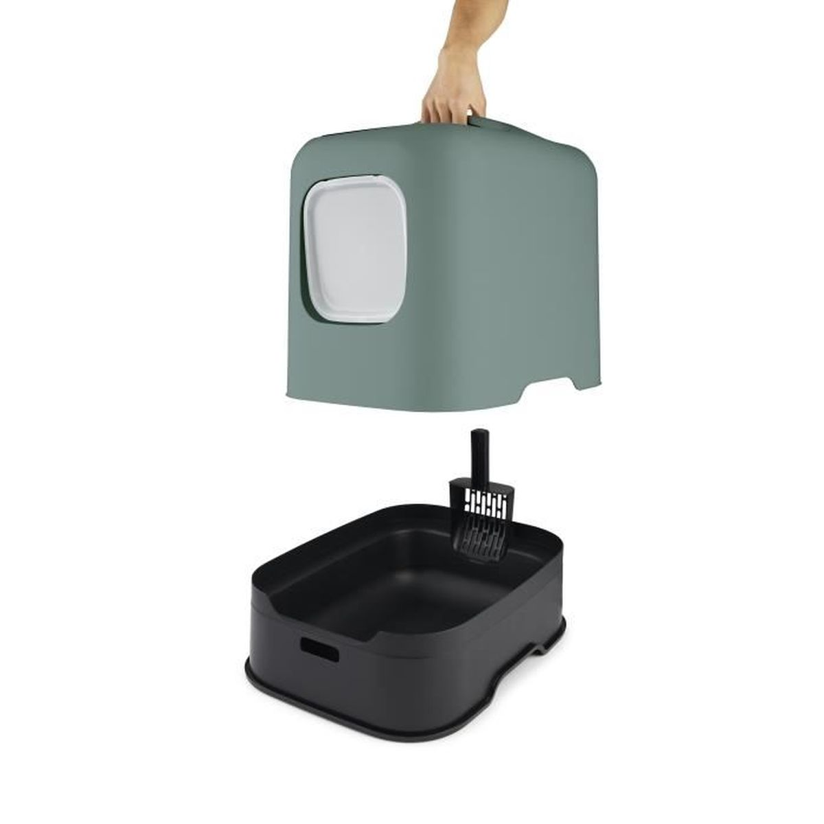 Lettiera per gatti con coperchio sollevato. Include una paletta e un vassoio.