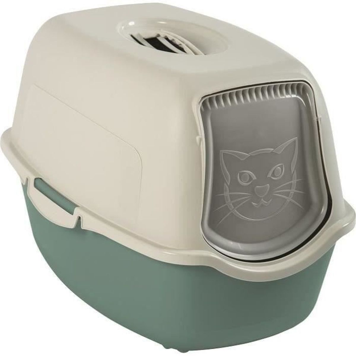 Lettiera chiusa per gatti, bicolore, con faccia di gatto.