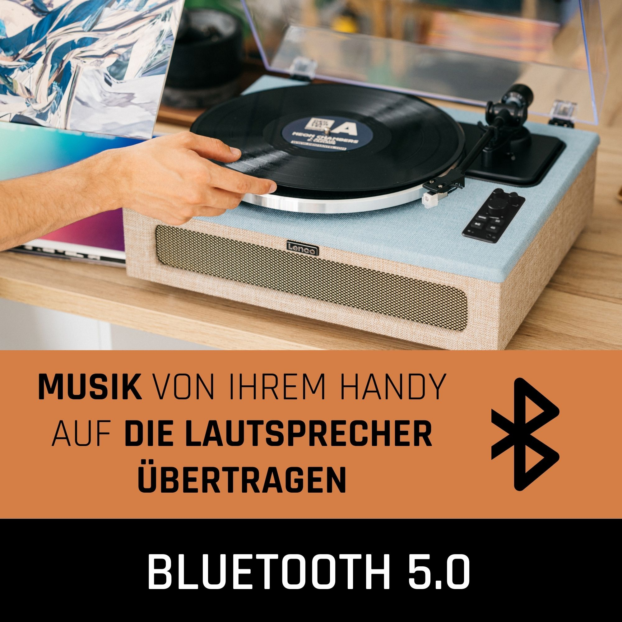 LENCO LS-440BUBG - 4 eingebaute Plattenspieler Blau-Taupe - Lautsprechern Bluetooth