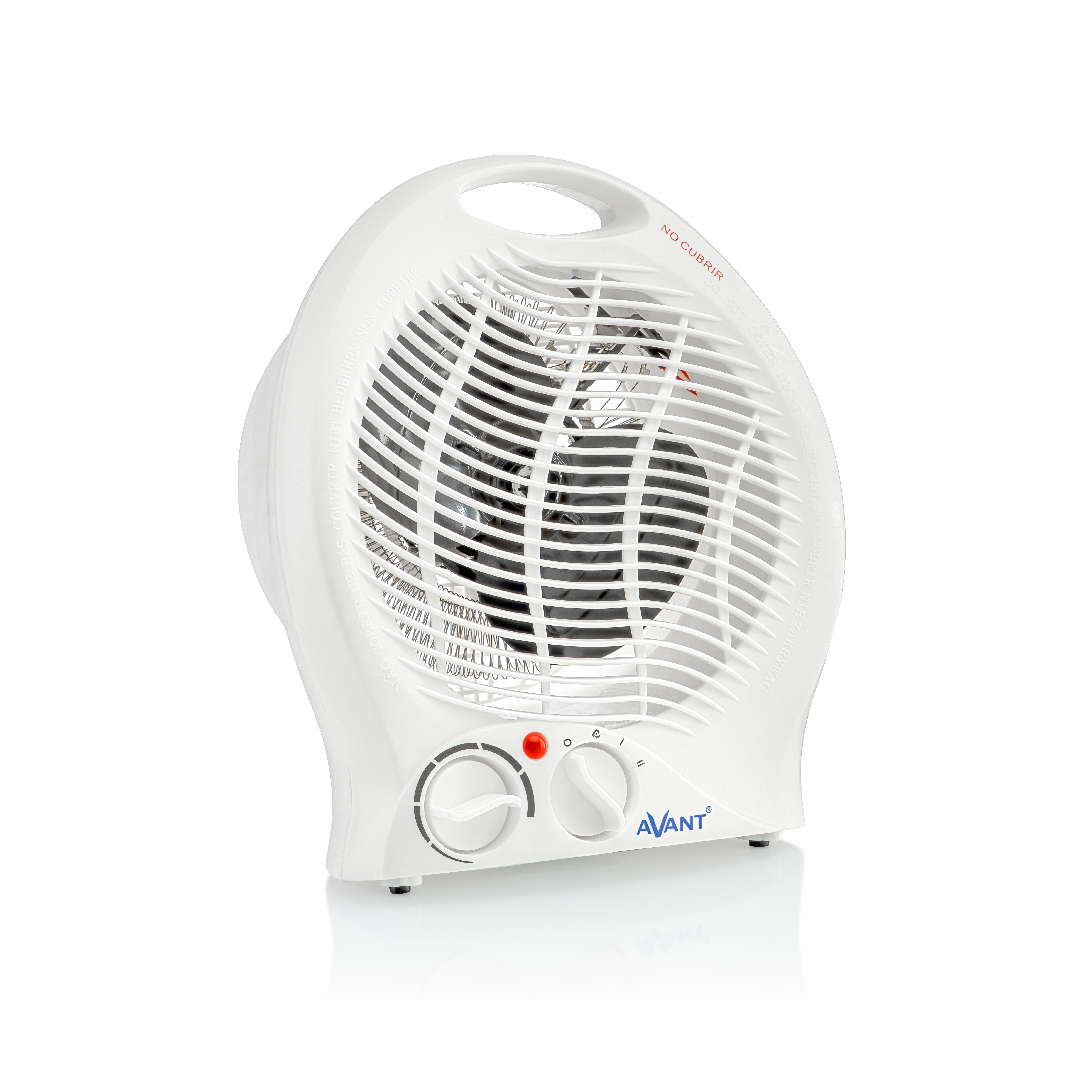 Calentador eléctrico blanco con dos perillas y una luz roja.