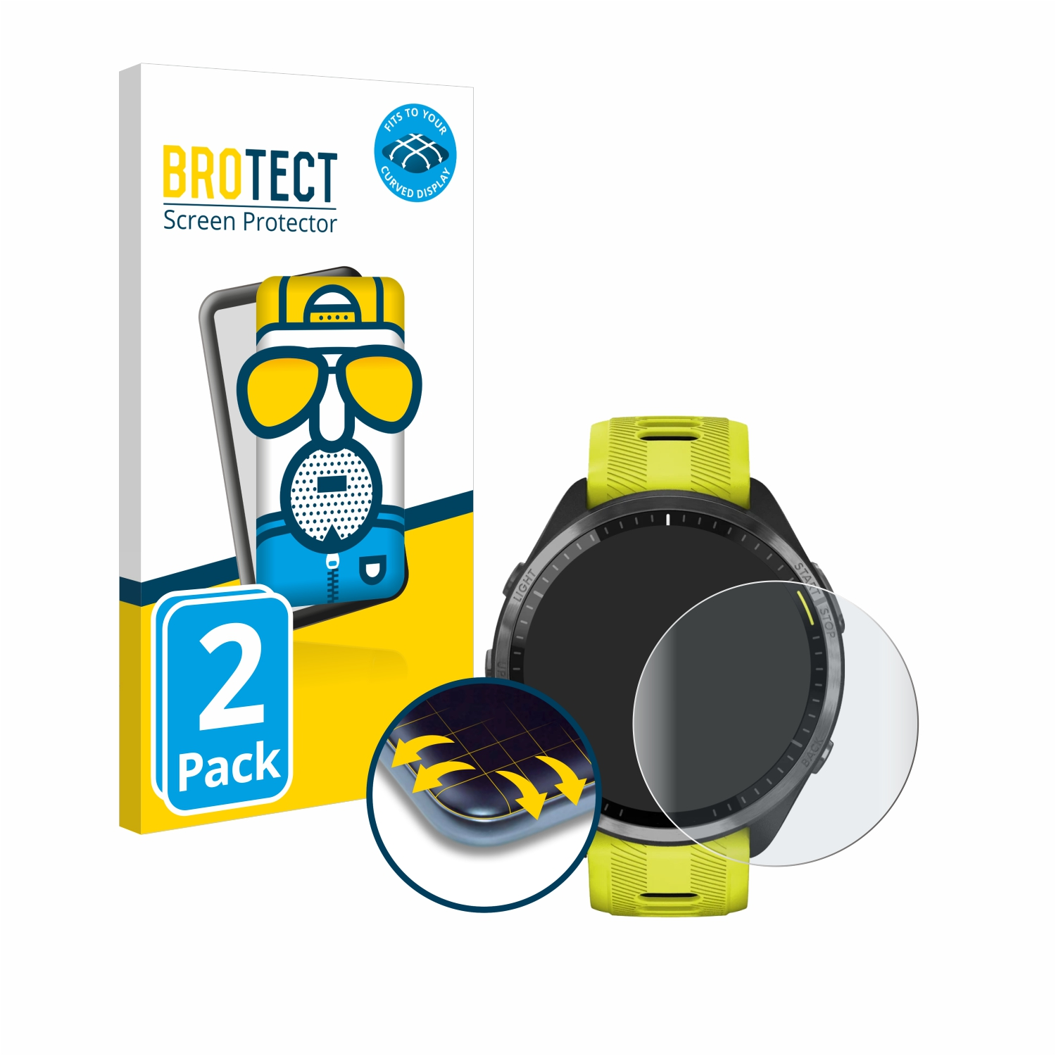 Eine Smartwatch mit Displayschutzfolienbox und angebrachtem Schutz, auf weißem Hintergrund. Grün und Gelb.
