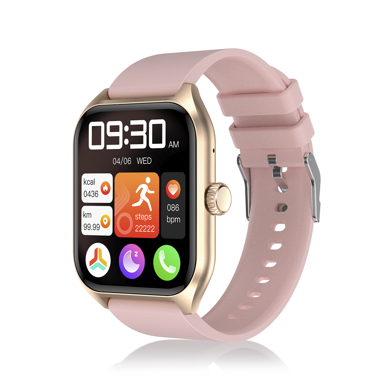 Smartwatch rosa con cornice dorata che mostra tempo, passi e metriche. Cinturino rosa. Sfondo bianco.