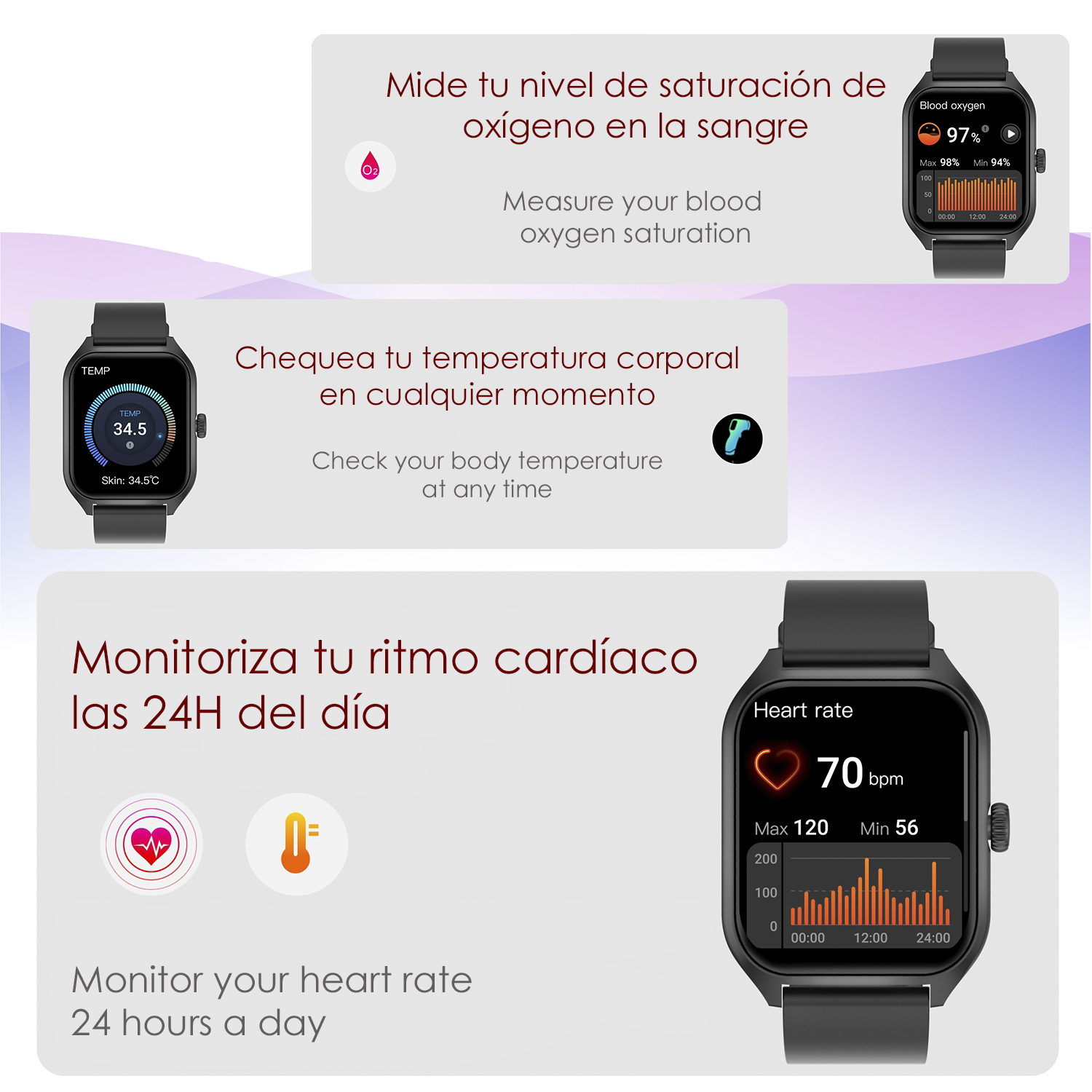 Smartwatch che mostra i parametri sanitari, tra cui ossigeno nel sangue, temperatura e frequenza cardiaca.