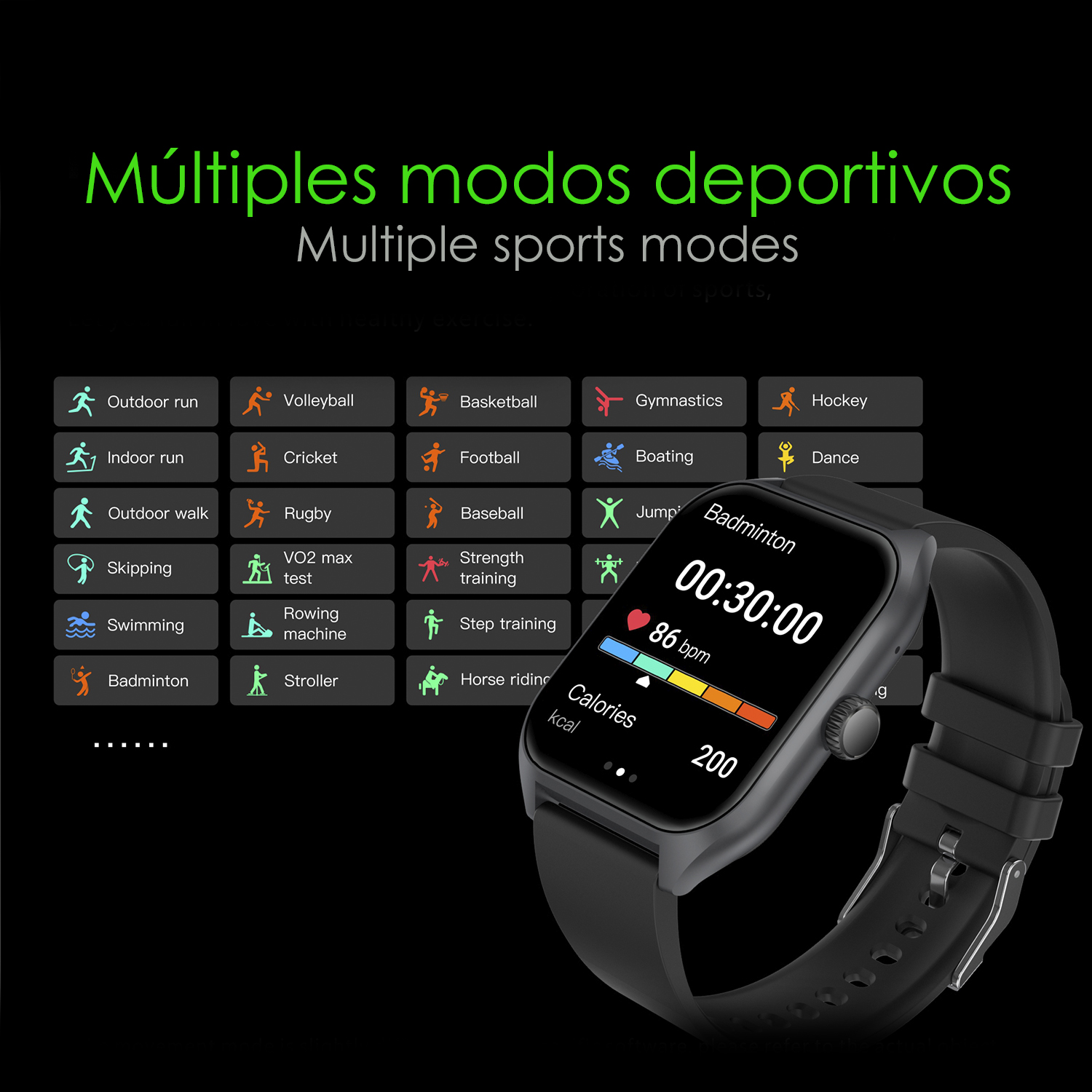Uno smartwatch nero che mostra le modalità sportive e le informazioni sulla salute. Testo: Molteplici modalità sportive.