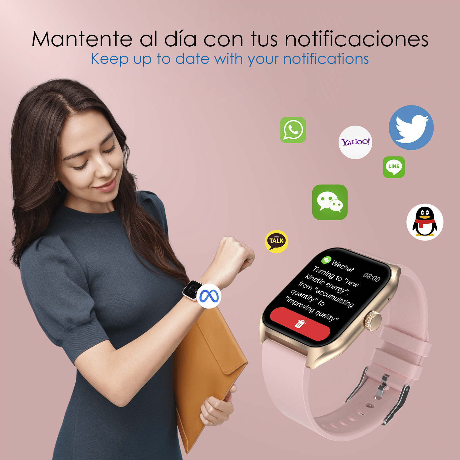 Donna che guarda uno smartwatch, mostrando le notifiche. Le icone delle app dei social media sono intorno a lei. Sfondo rosa.