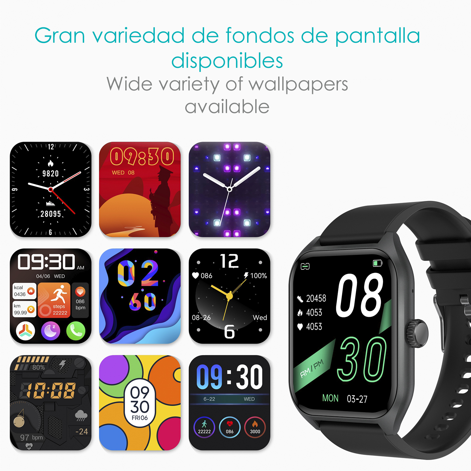 Sono visualizzati vari quadranti di smartwatch, insieme a uno smartwatch nero con cinturino nero.