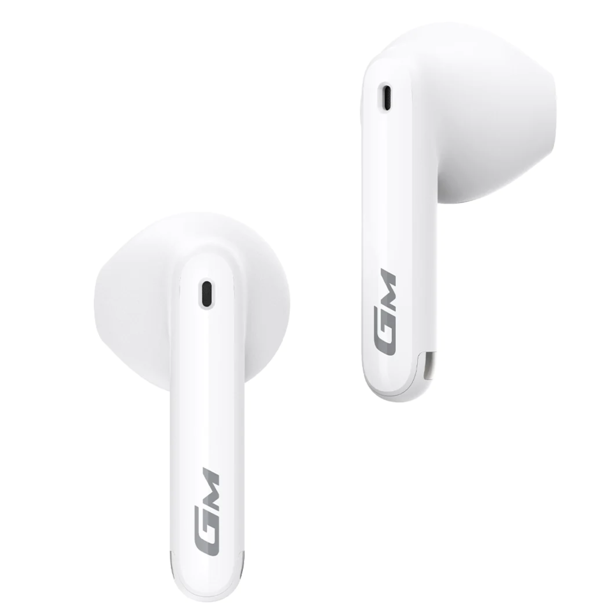 Auricolari wireless bianchi con logo GM. Due auricolari sono mostrati su una superficie bianca.
