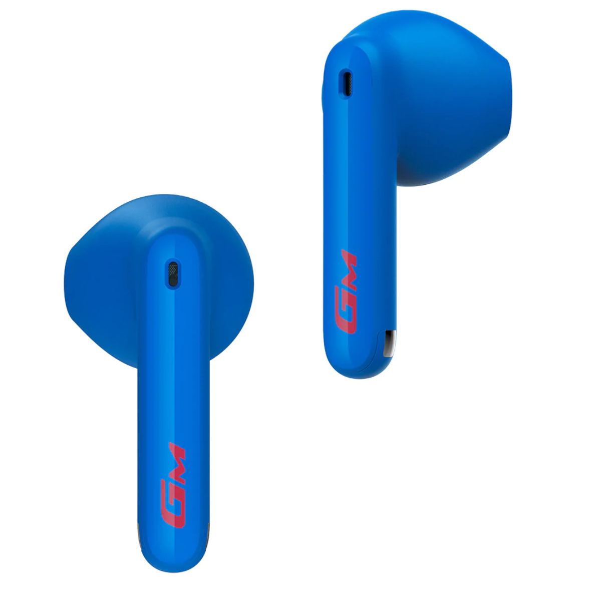 Dos auriculares azules con logotipos GM rojos, en ángulo contra un fondo blanco.
