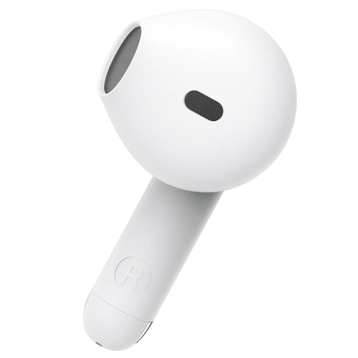 Auricolare wireless bianco. Primo piano. L'auricolare ha la lettera R.