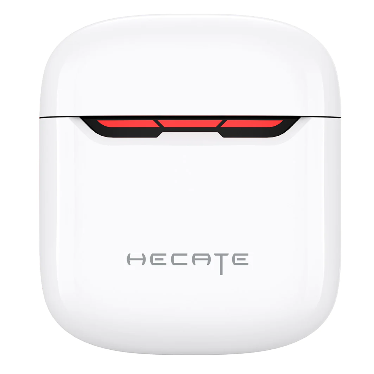 Custodia di ricarica bianca per auricolari con accento rosso, il marchio è "HECATE".