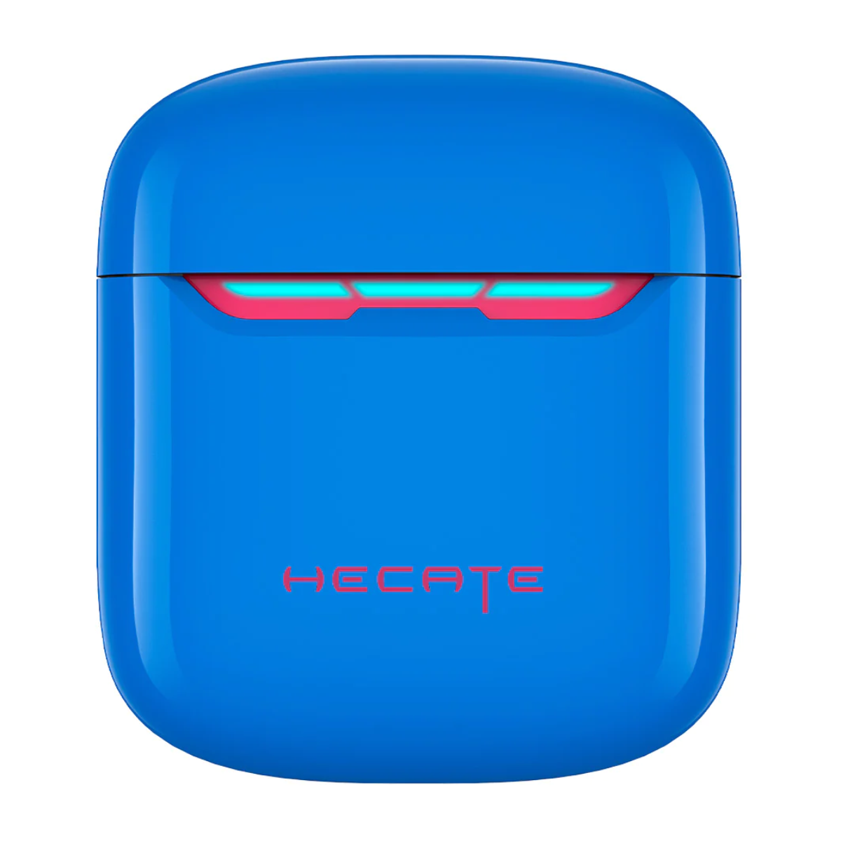 Estuche de carga de auriculares HECATE azul con luz roja.