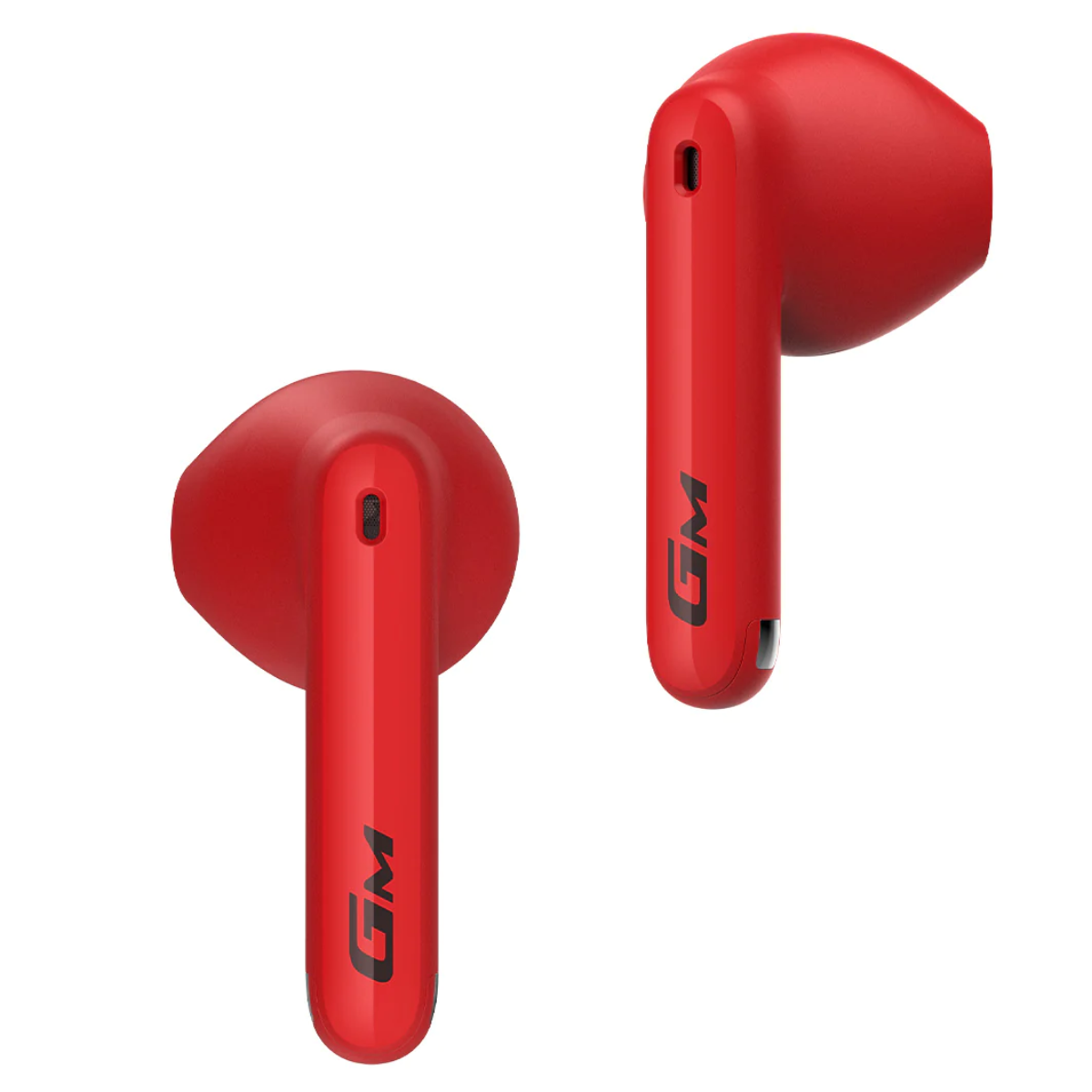 Auricolari wireless rossi, marchio GM, vista angolata. Mostrati due auricolari.