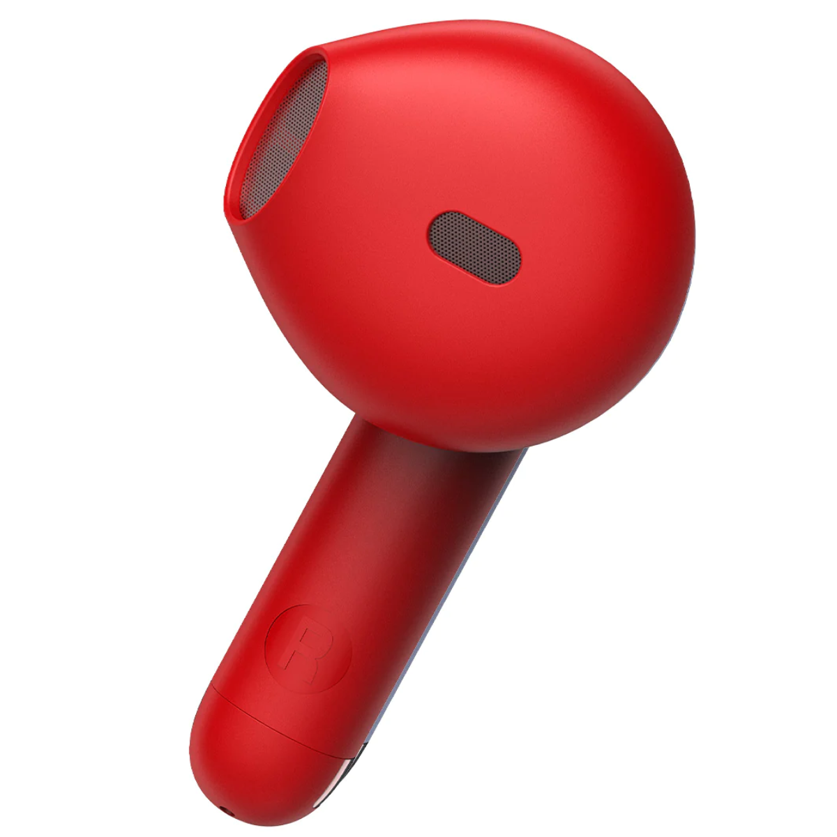 Auricolare rosso, leggermente angolato. La 'R' è visibile sul lato.