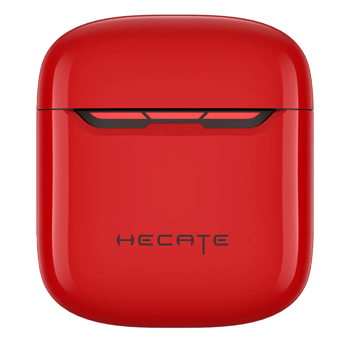 Custodia rossa e rettangolare per auricolari con marchio 'HECATE' in nero.