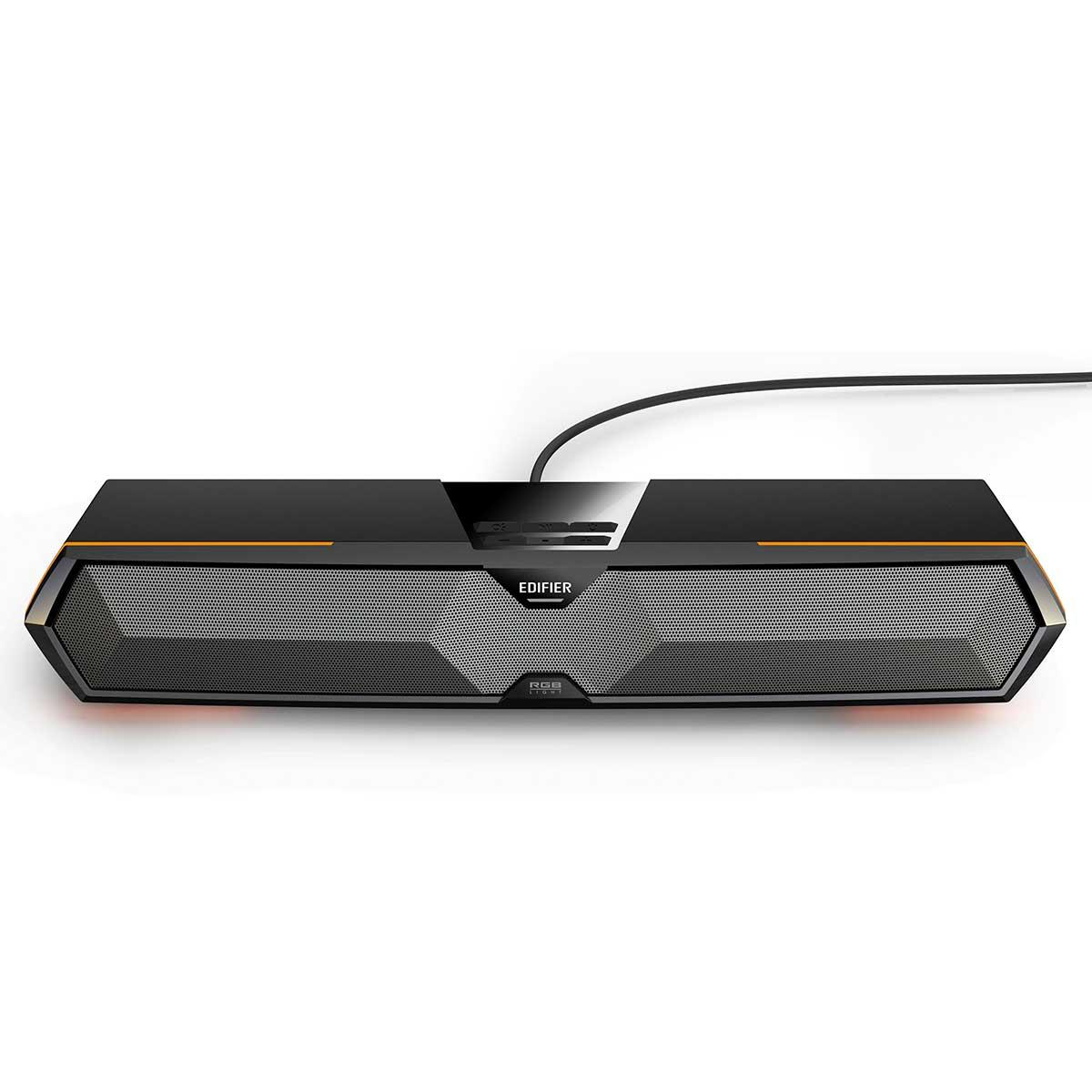 Czarny soundbar z pomarańczowymi akcentami i logo Edifier. Posiada kratkę głośnikową i czerwone światła.