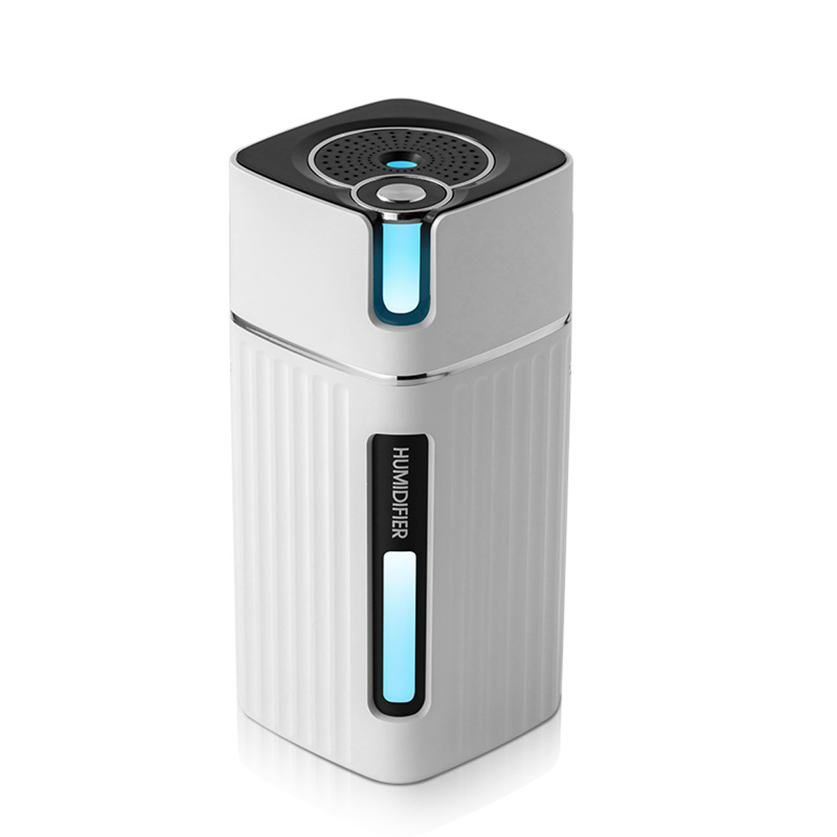 Weißer und schwarzer Luftbefeuchter mit blauem Licht. Das Wort HUMIDIFIER ist sichtbar.