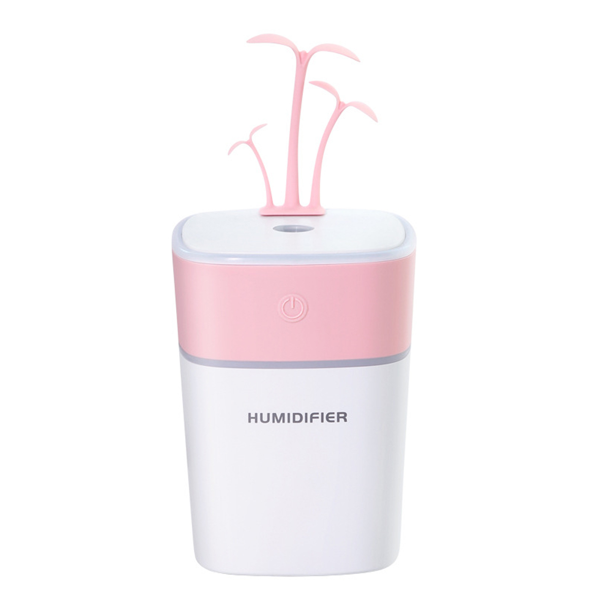 Rosa-weißer Luftbefeuchter mit rosa pflanzenartiger Oberseite. Das Wort HUMIDIFIER steht darauf.