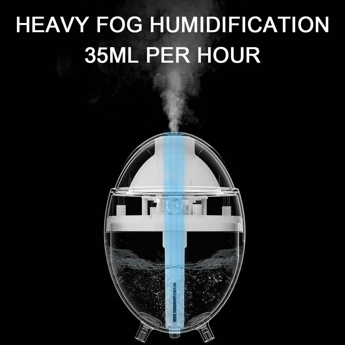 Ein Luftbefeuchter mit Nebel. Der Wassertank ist sichtbar. Text: 'Heavy Fog Humidification 35ml per hour'.