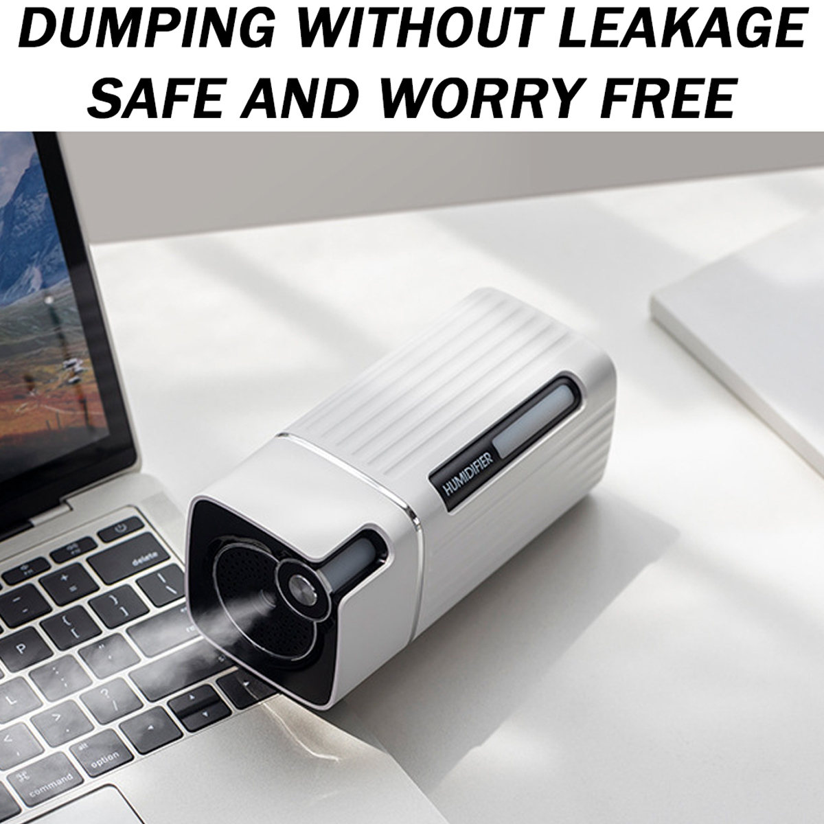Ein weißer und grauer Luftbefeuchter steht auf einem Laptop. Text weist auf 'Dumping ohne Leckage, sicher und sorgenfrei' hin.