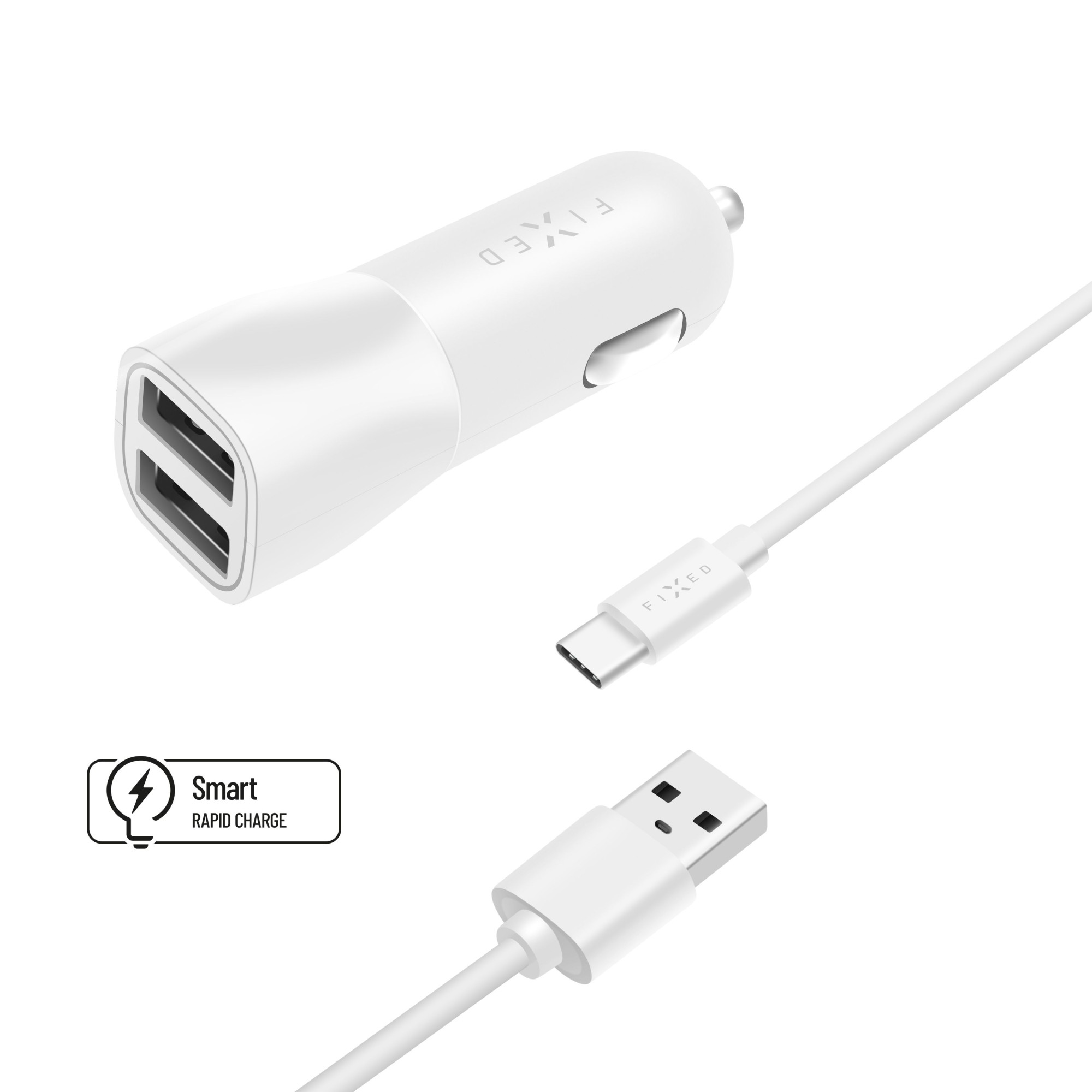 Ein weißes Autoladegerät mit zwei USB-Anschlüssen, einem USB-C-Kabel und einem USB-Kabel. Die Marke FIXED ist sichtbar.