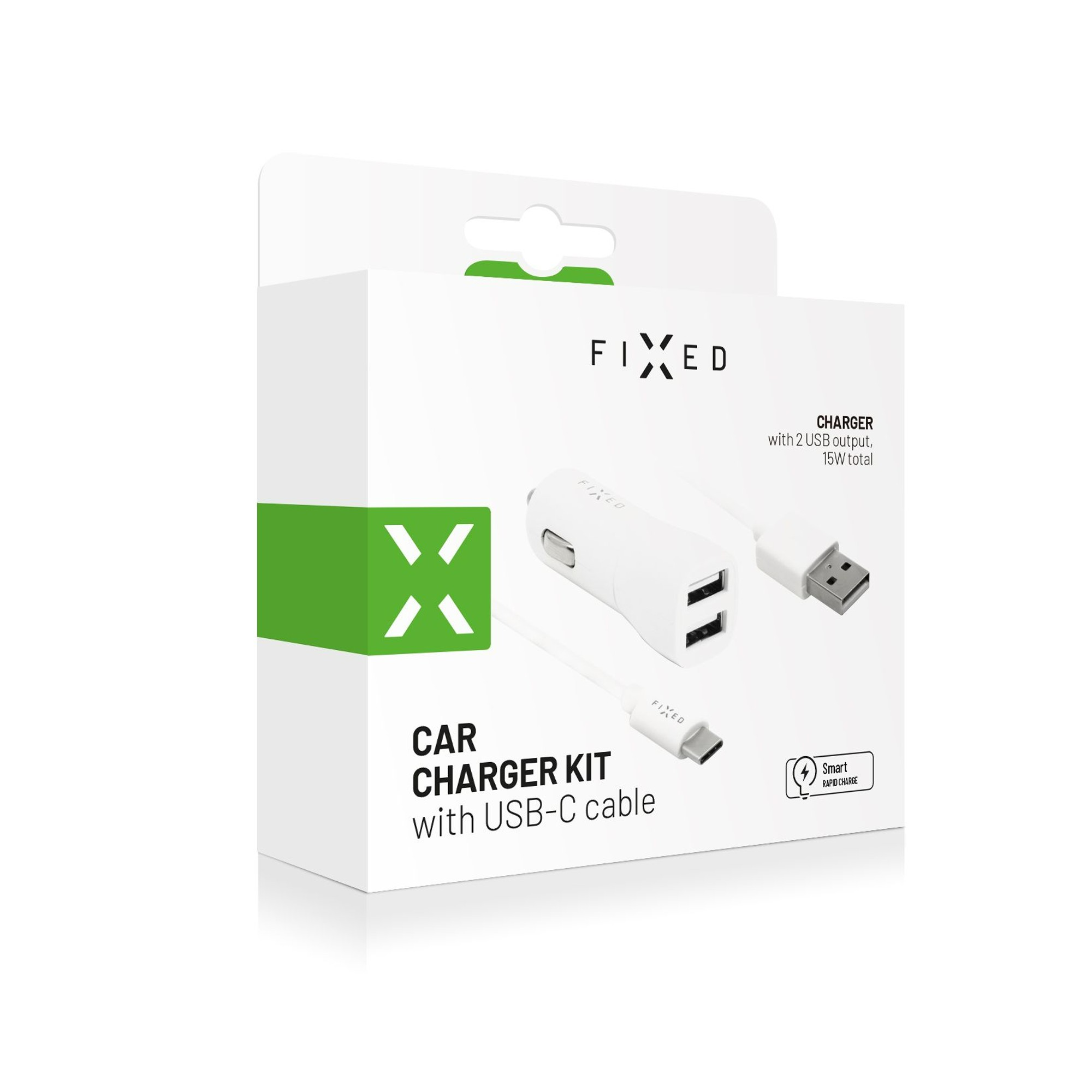Ein Autoladegerät-Kit mit USB-C-Kabel und weißer Box, isoliert auf Weiß.