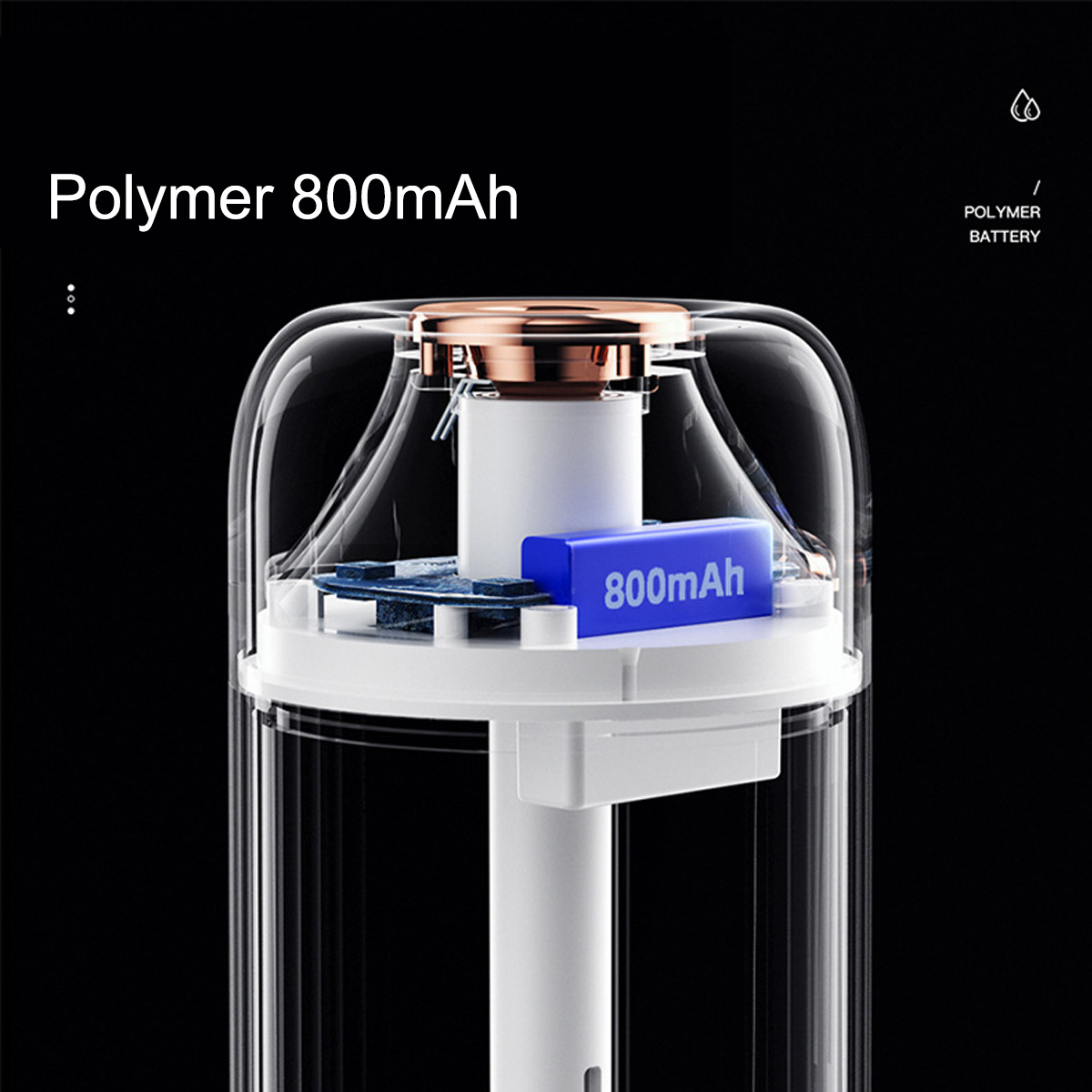 Ein transparentes Geräteinnere, das eine mit '800mAh' beschriftete Batterie und andere Komponenten zeigt.