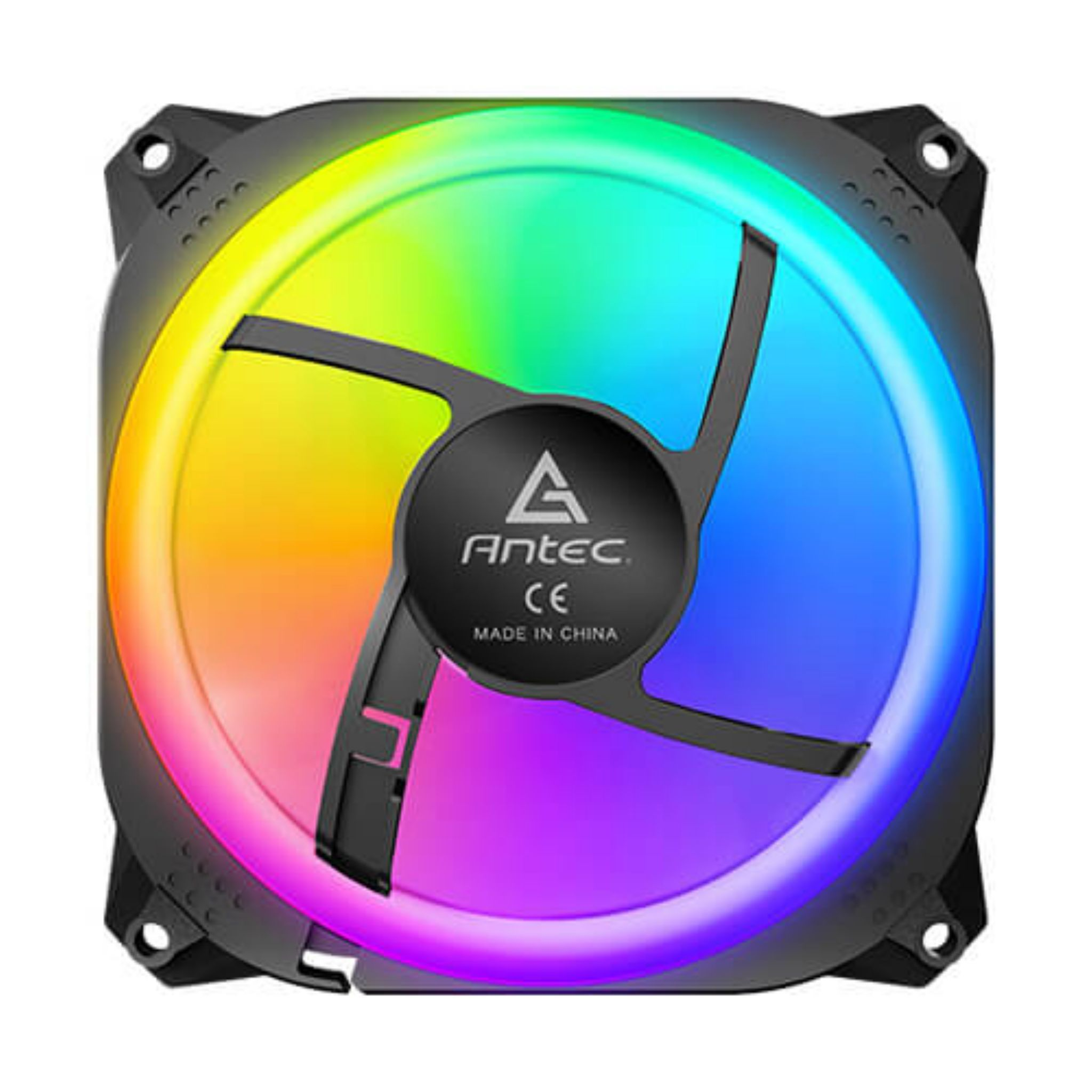 Ventola per computer con illuminazione RGB. Ha una cornice nera, colori arcobaleno e un logo.