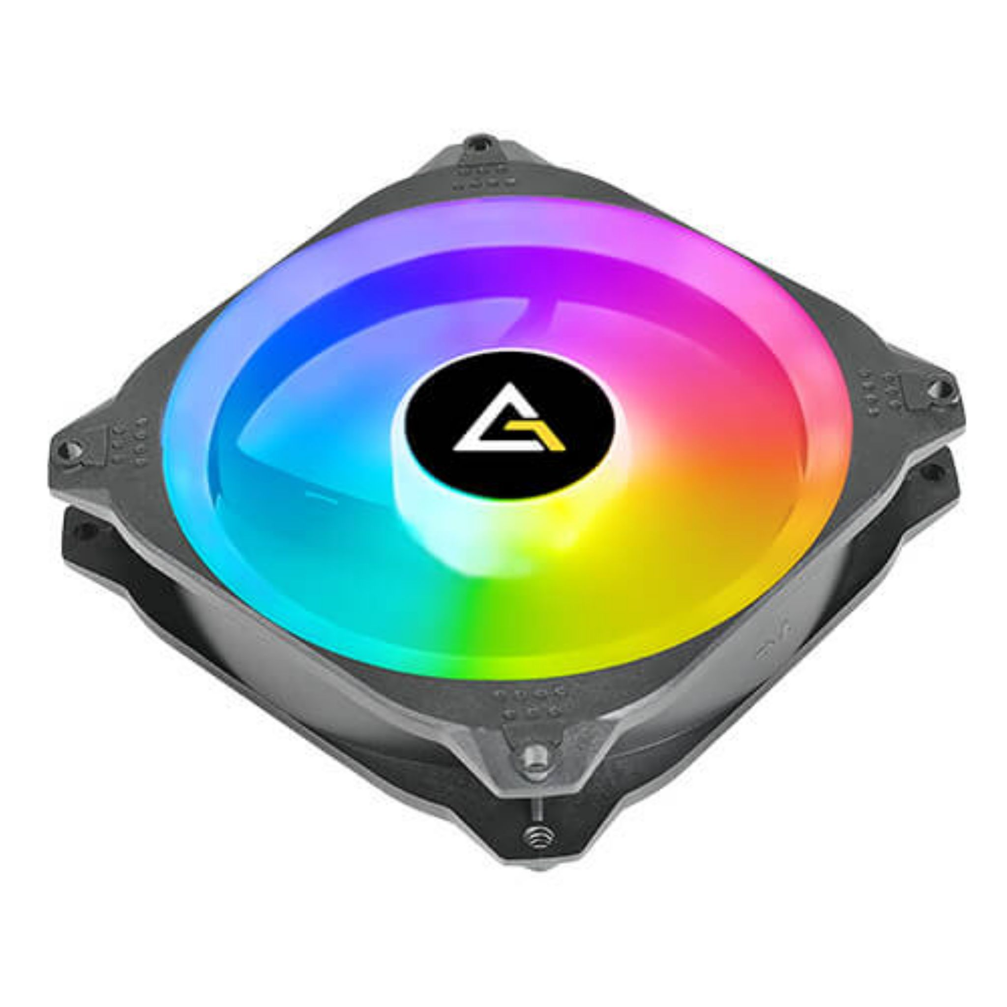 Ventola Antec RGB con luce multicolore su una cornice grigia.