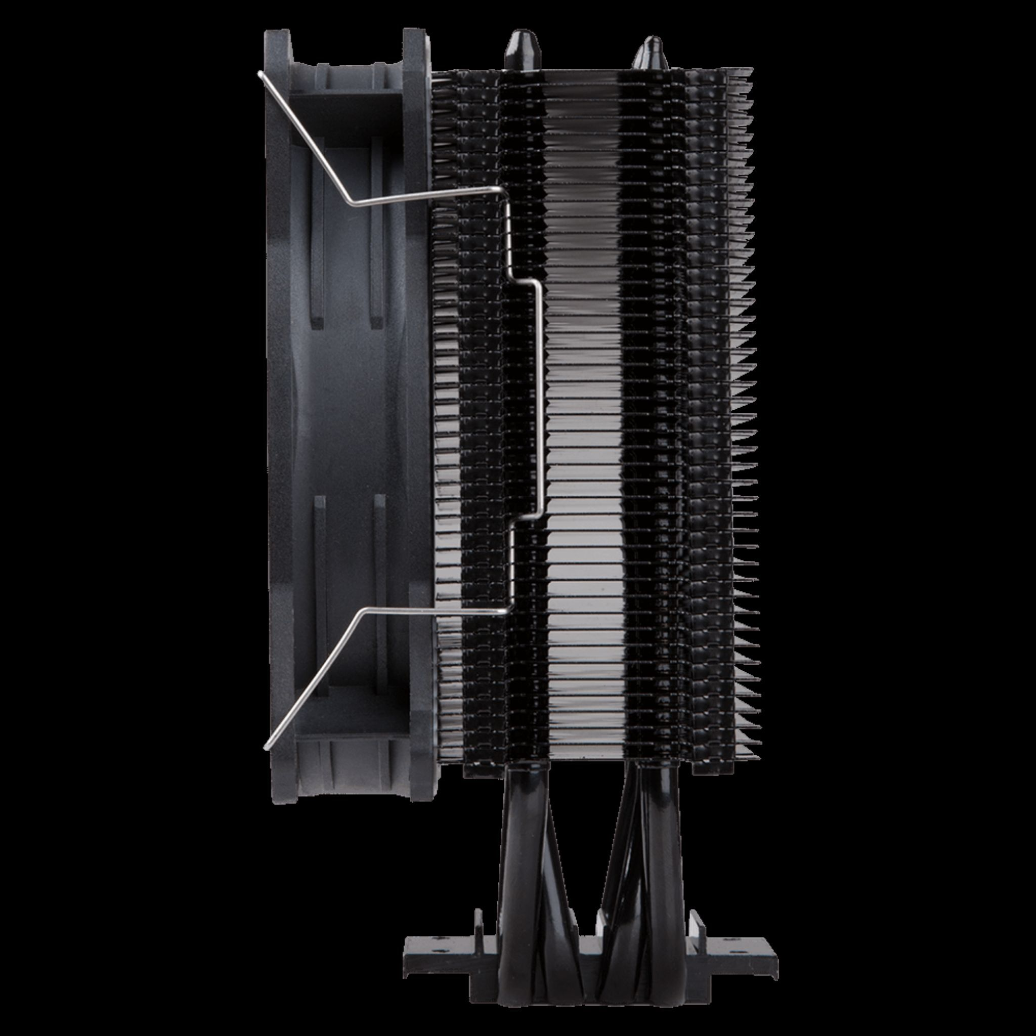 Czarny cooler do komputera z wentylatorem i żeberkami radiatora na czarnym tle.