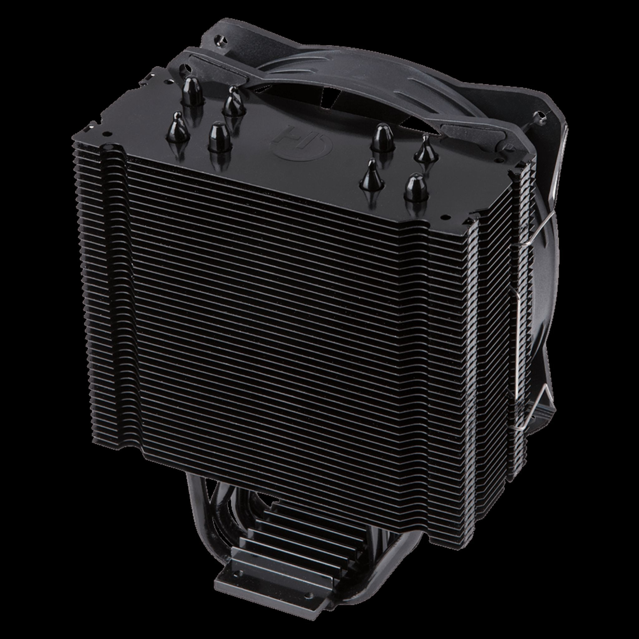 Czarny cooler CPU z wieloma żeberkami i wentylatorem, na ciemnym tle.