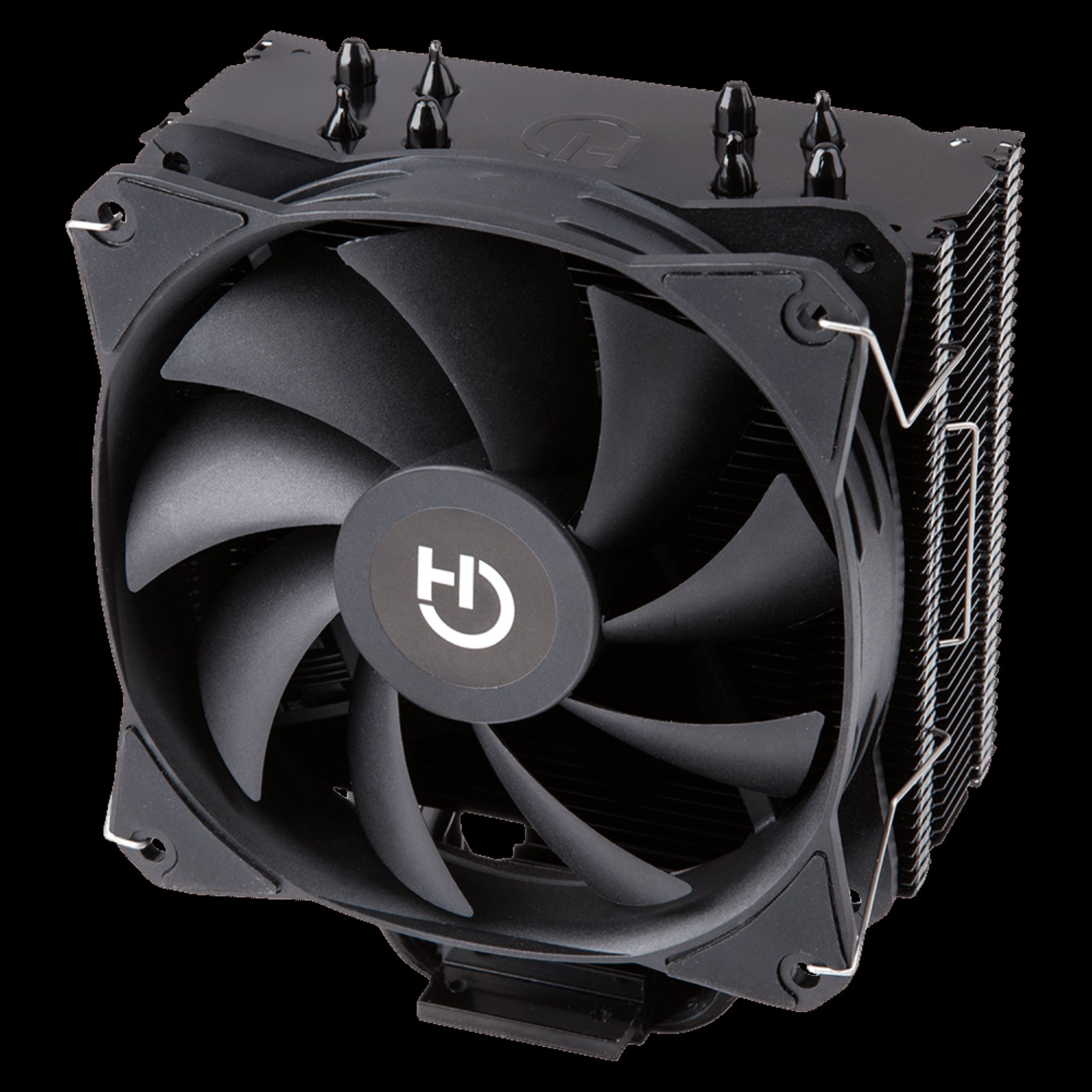 Czarny cooler CPU z wentylatorem i radiatorem. Wentylator ma logo.