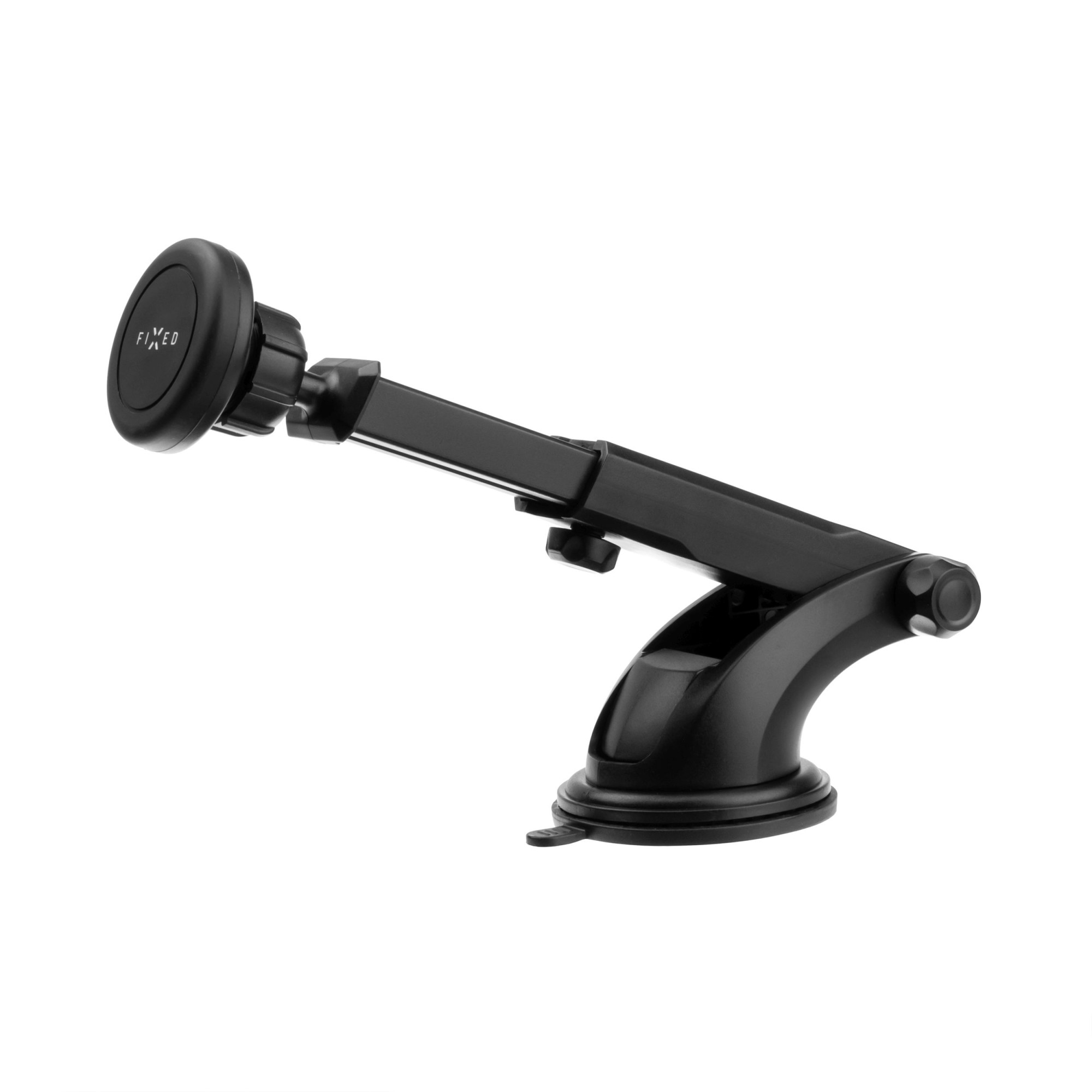 Eine schwarze Autotelefonhalterung mit Saugnapfbasis, die den Markennamen zeigt.