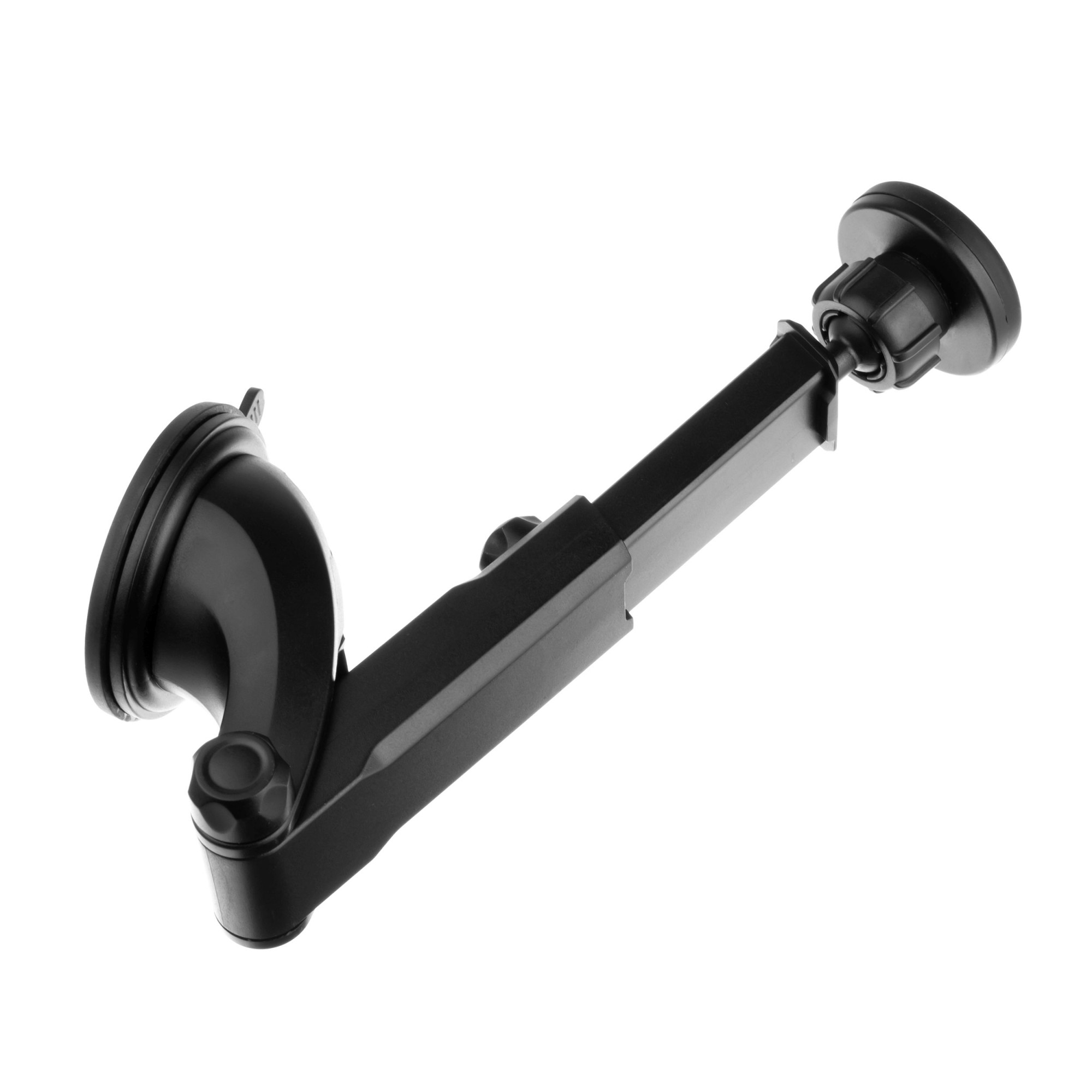 Ein schwarzer Autotelefonhalter mit Saugnapfbasis und verstellbarem Arm, auf weißem Hintergrund.