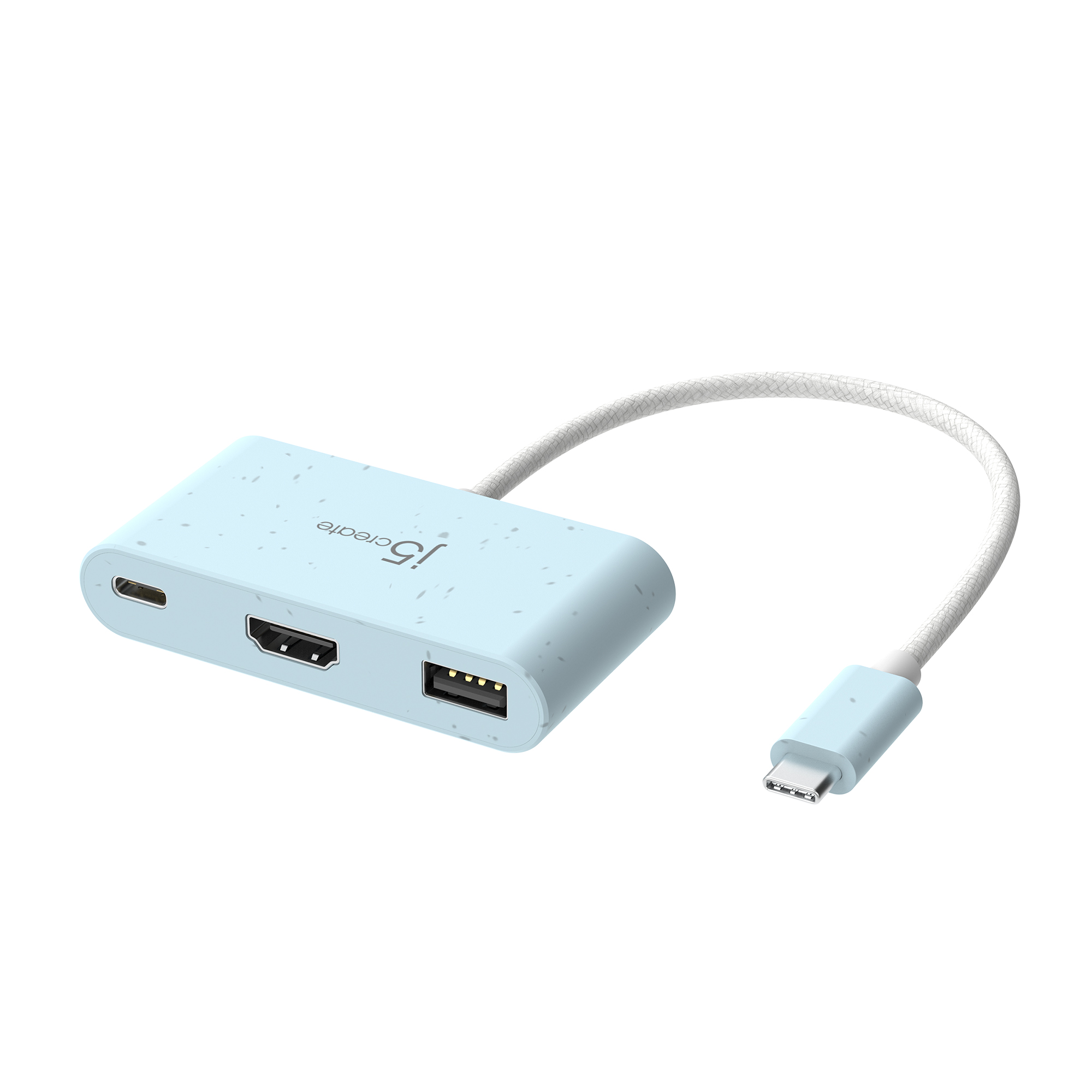 Hellblauer USB-C-Hub mit HDMI- und USB-Anschlüssen. Er hat ein weißes Kabel und einen USB-C-Anschluss.