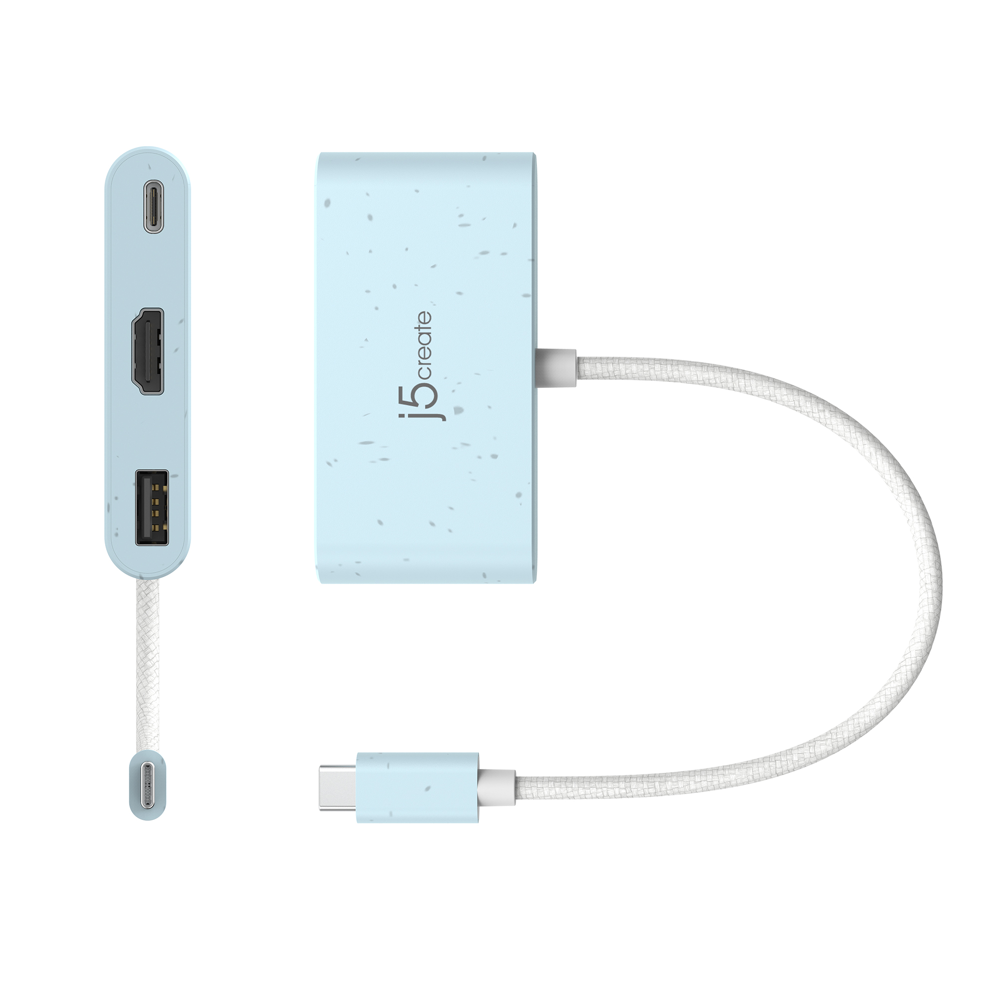 Blauer USB-Hub mit HDMI-, USB- und USB-C-Anschlüssen. Ein weißes Kabel verbindet die Teile.