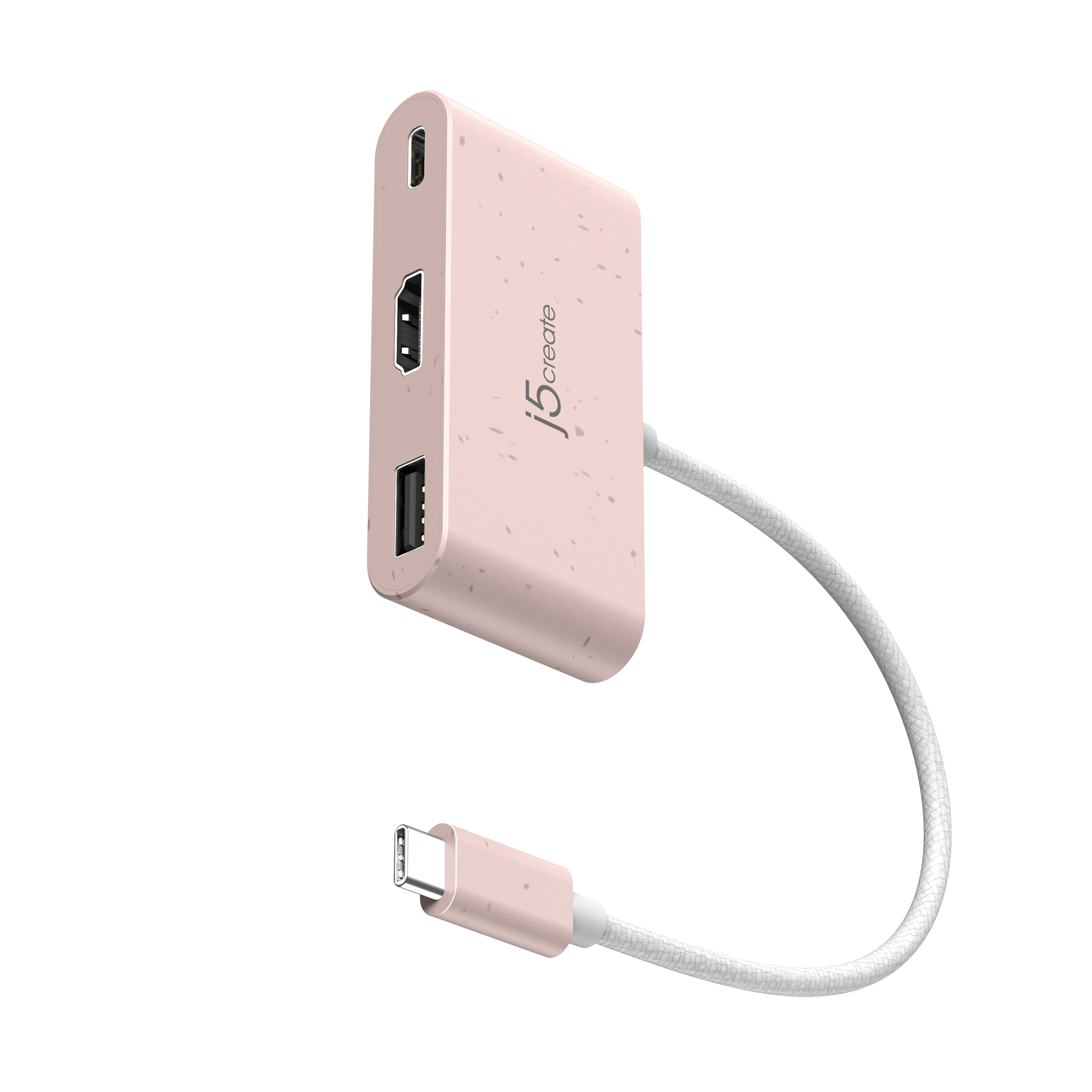 Rosa Tech-Adapter mit mehreren Anschlüssen und einem weißen Kabel.