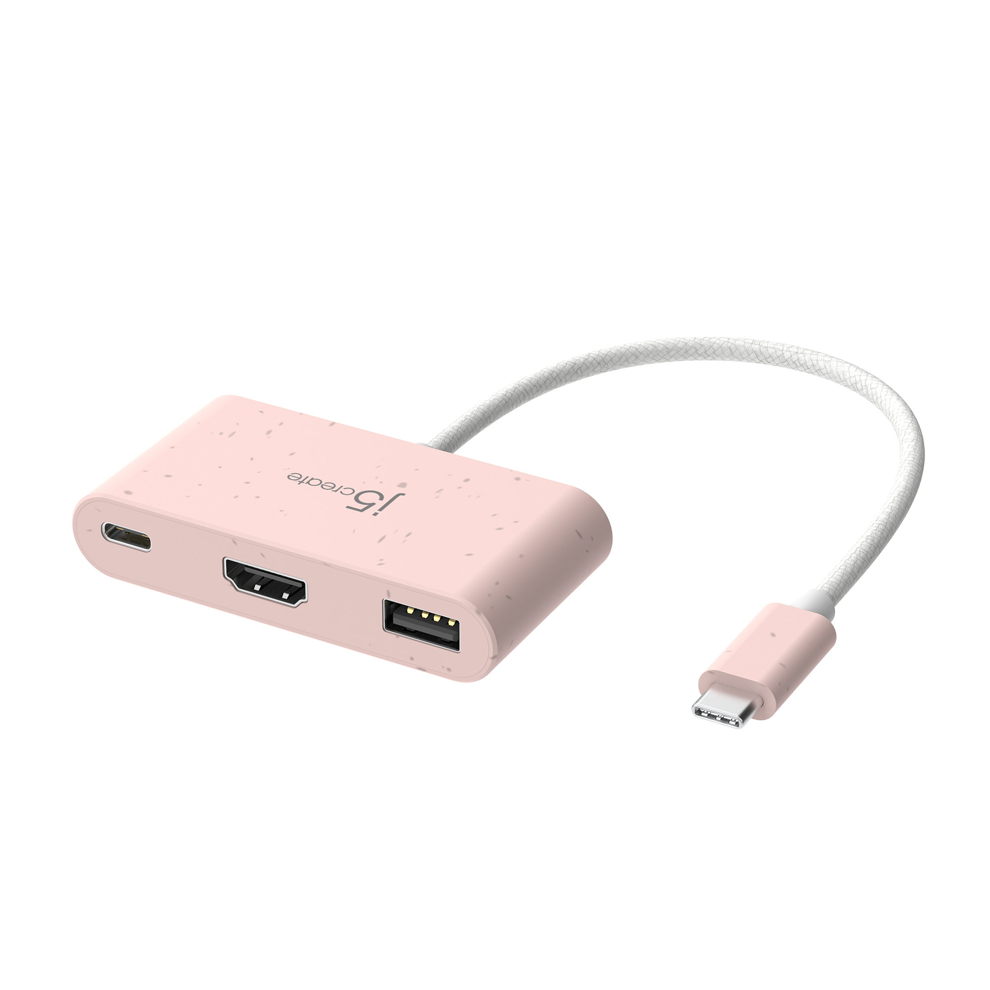 Rosa USB-C-Hub mit HDMI- und USB-Anschlüssen. Weißes Kabel verbindet sich mit USB-C-Anschluss. Marke: i5create.