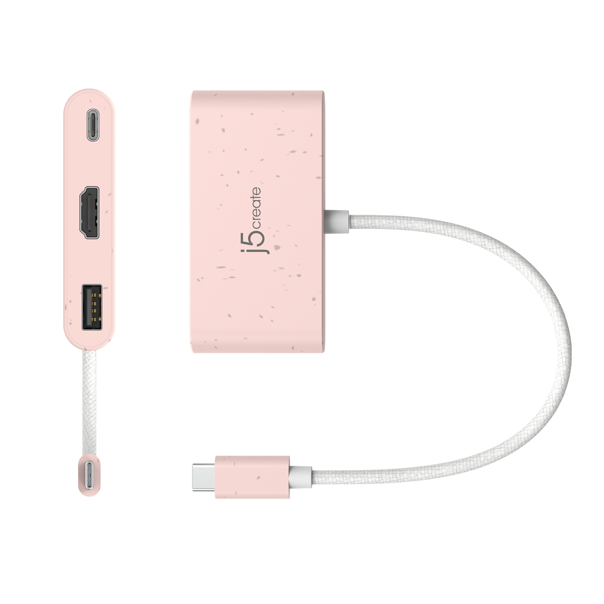 Rosa USB-C-Hub mit HDMI- und USB-Anschlüssen und einem weißen geflochtenen Kabel.