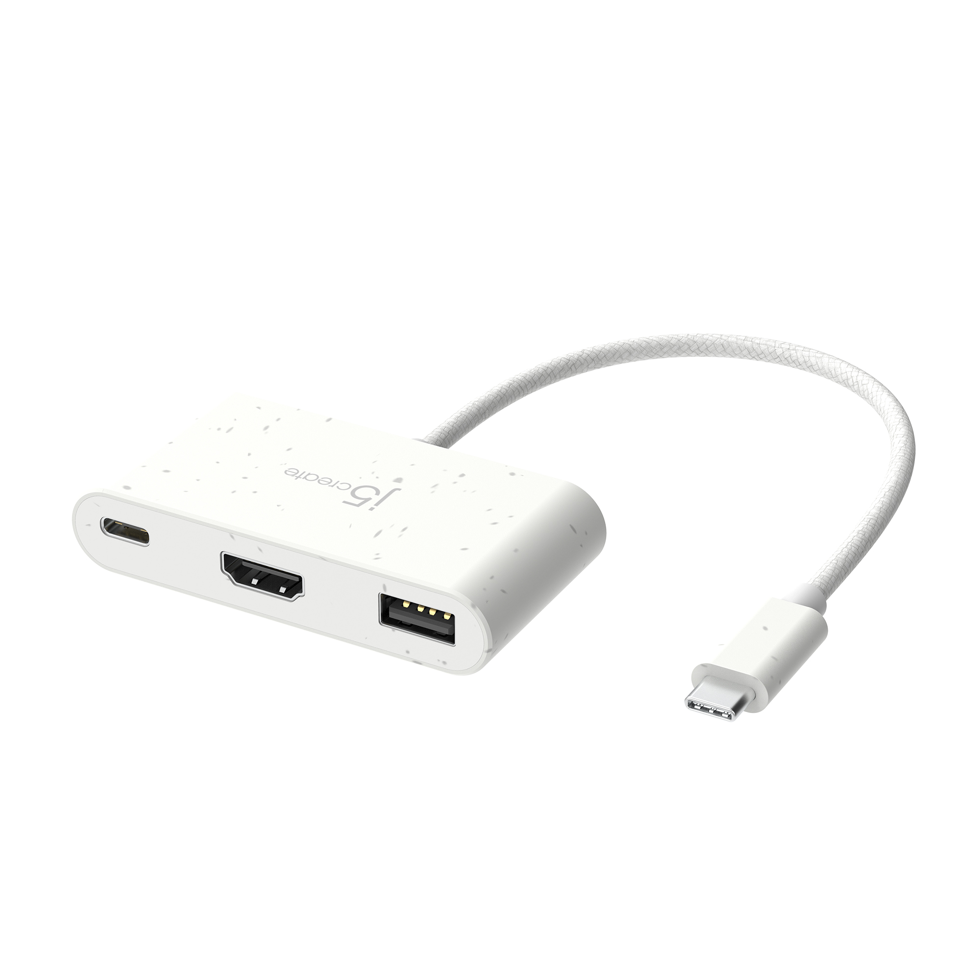 Weißer USB-C-Hub mit HDMI- und USB-Anschlüssen. Ein USB-C-Kabel geht ab.