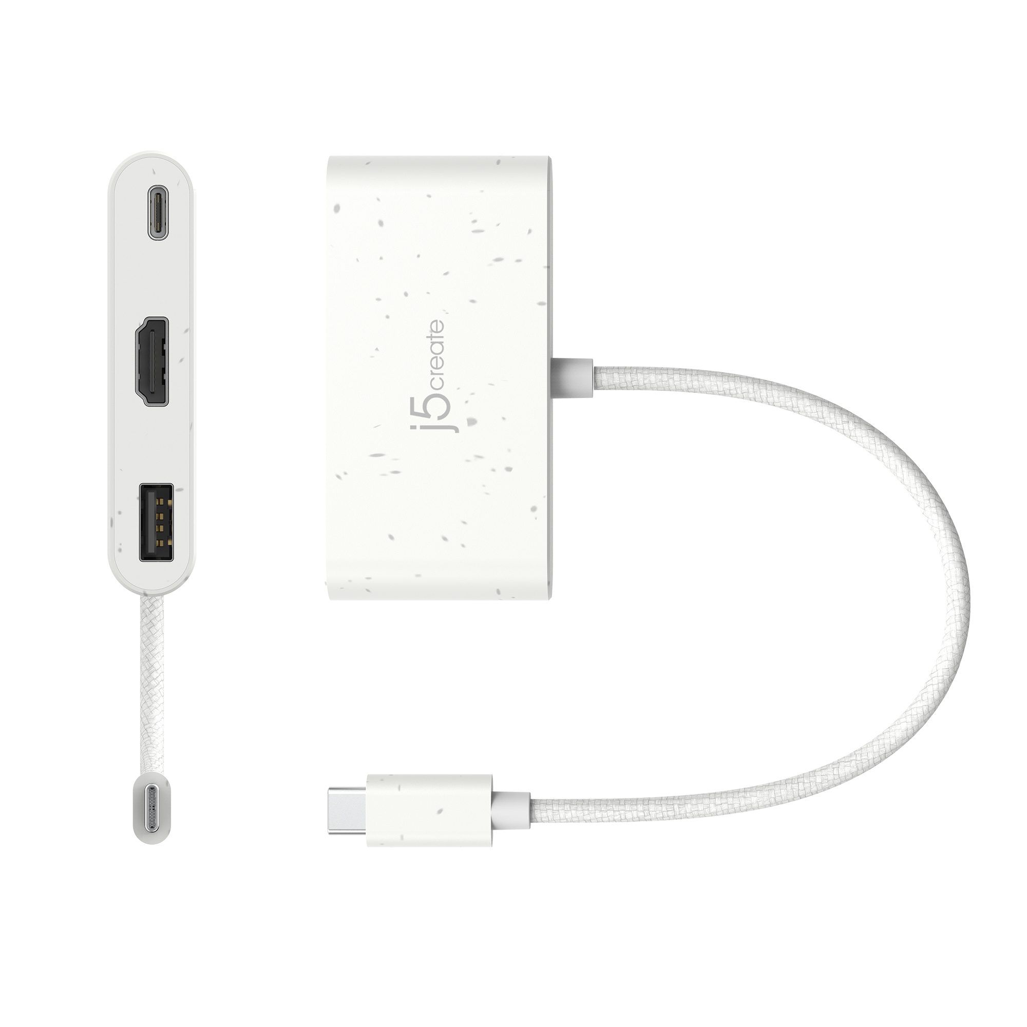 Weißer Adapter mit USB-C- und HDMI-Anschlüssen, verbunden durch ein weißes Kabel.