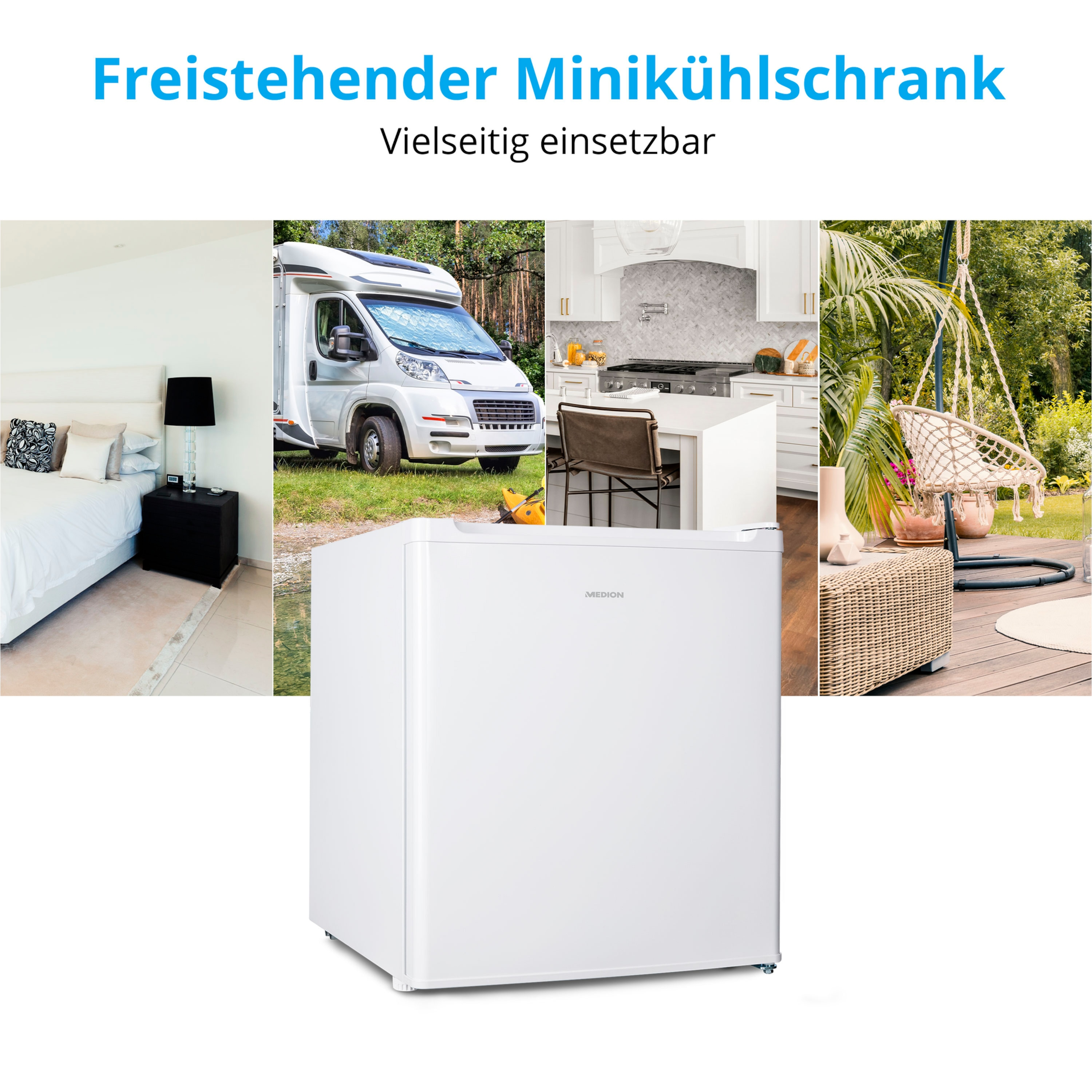 Weißer Minikühlschrank, Szenen von Schlafzimmer, Wohnmobil, Küche und Garten.