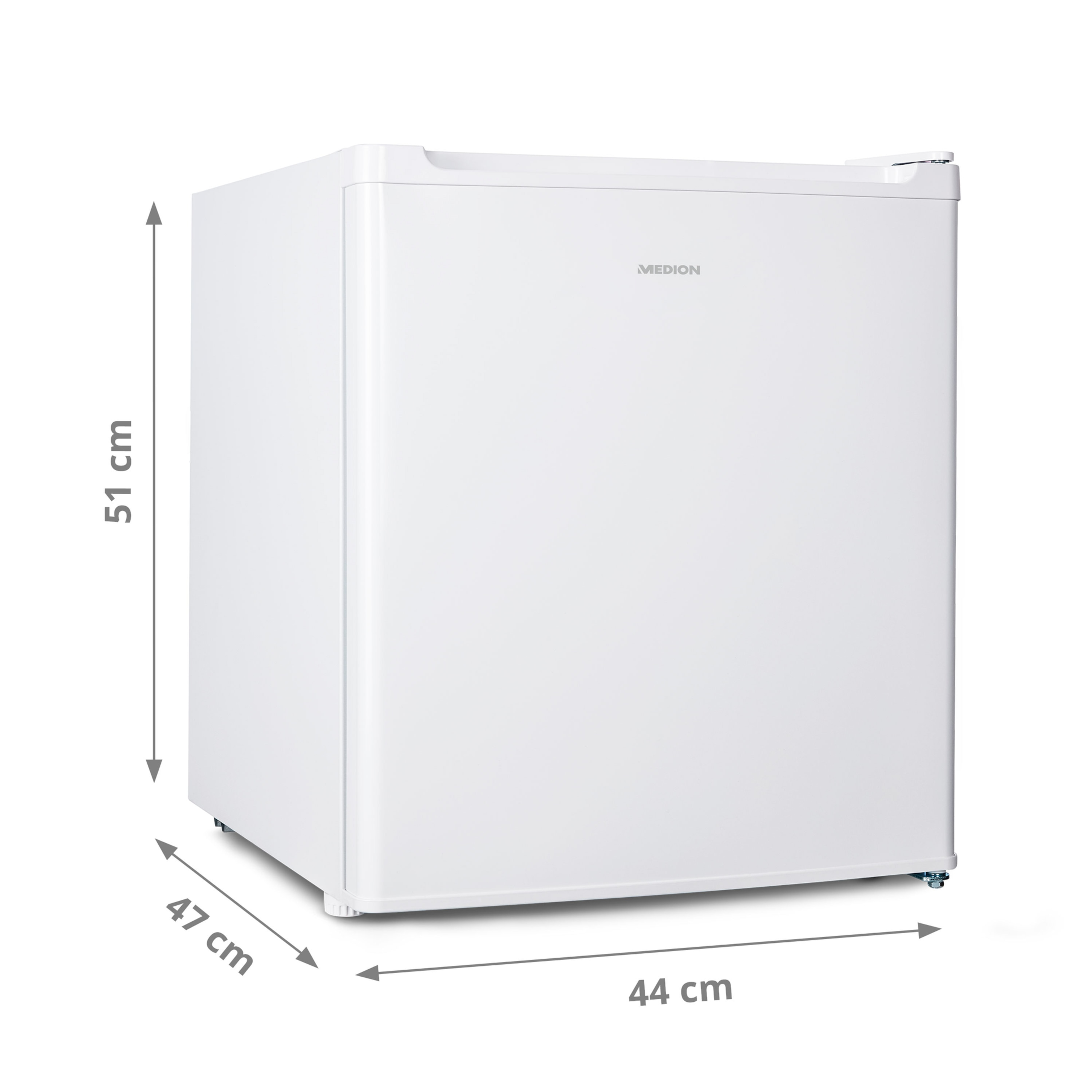 Weißer Mini-Kühlschrank mit MEDION-Logo. Abmessungen: 51 cm x 47 cm x 44 cm.