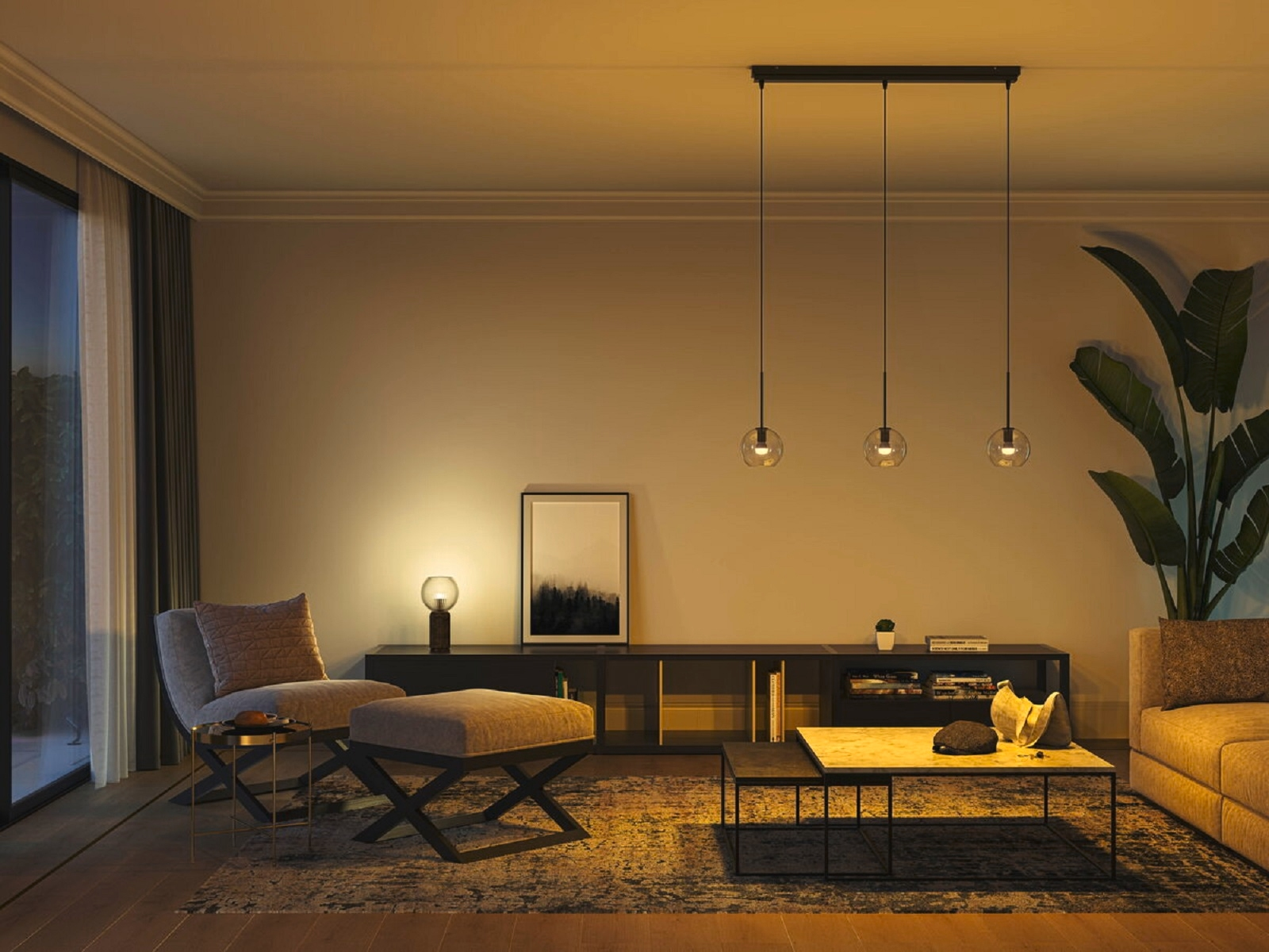 Wnętrze salonu z meblami i oświetleniem. Pokazano sofę, krzesło, stół i światła.