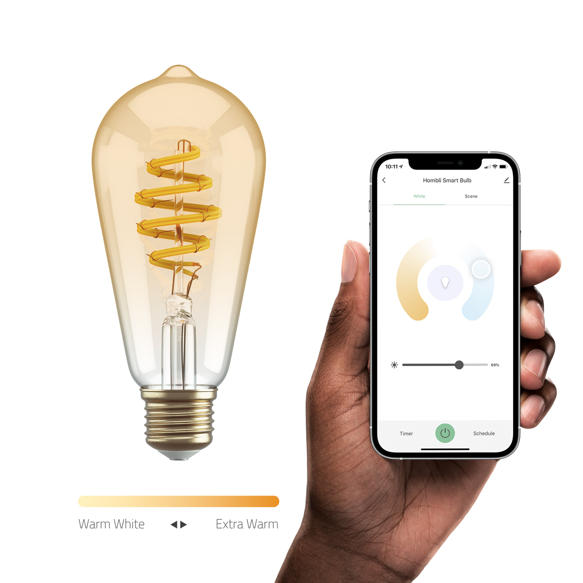 Ampoule et smartphone montrant les commandes de couleur et de luminosité.
