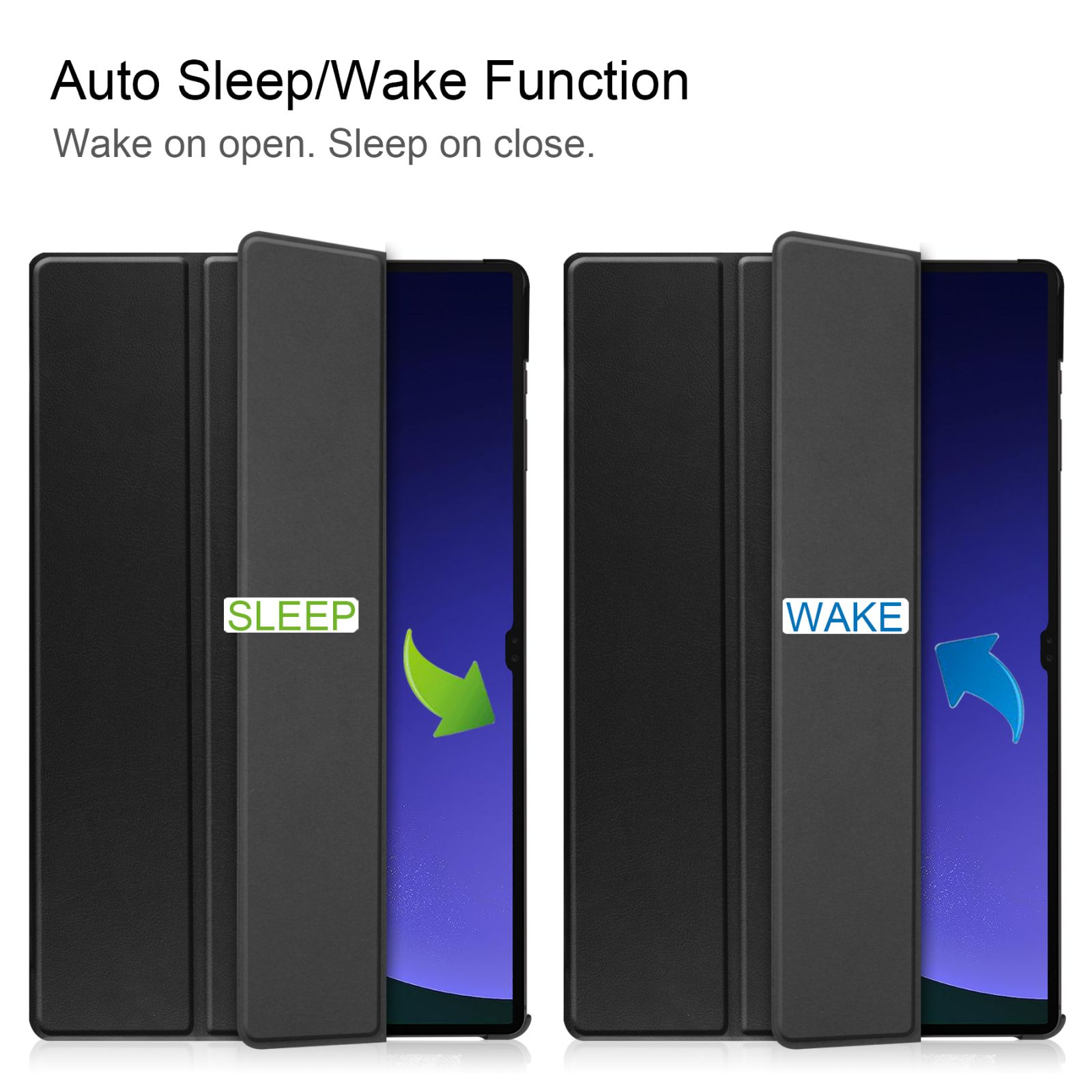 Zwei offene Tablet-Hüllen mit den Aufschriften 'Sleep' und 'Wake' und Pfeilen, die die Aktion anzeigen.