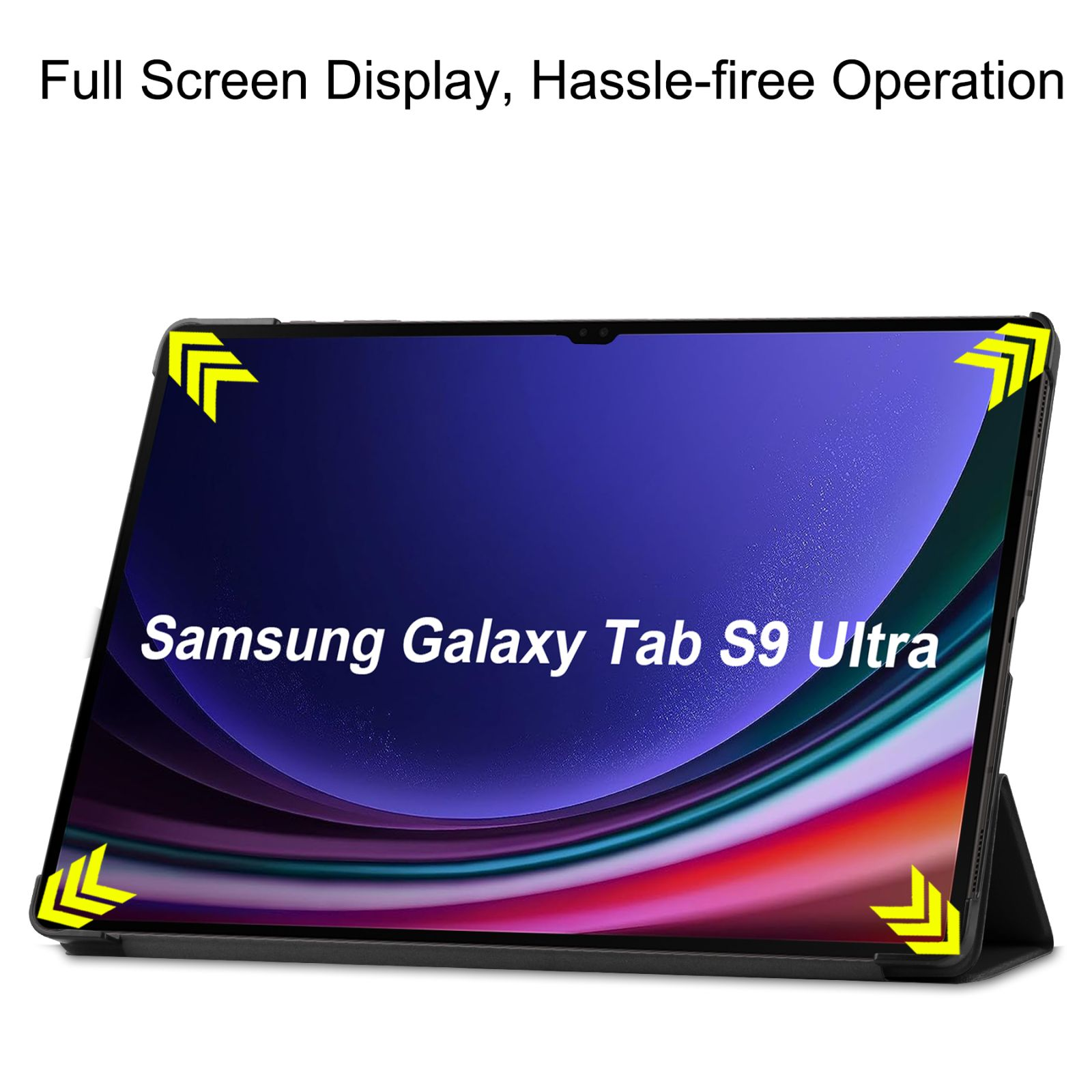 Samsung Galaxy Tab S9 Ultra in einer Hülle. Pfeile zeigen auf die Ecken.