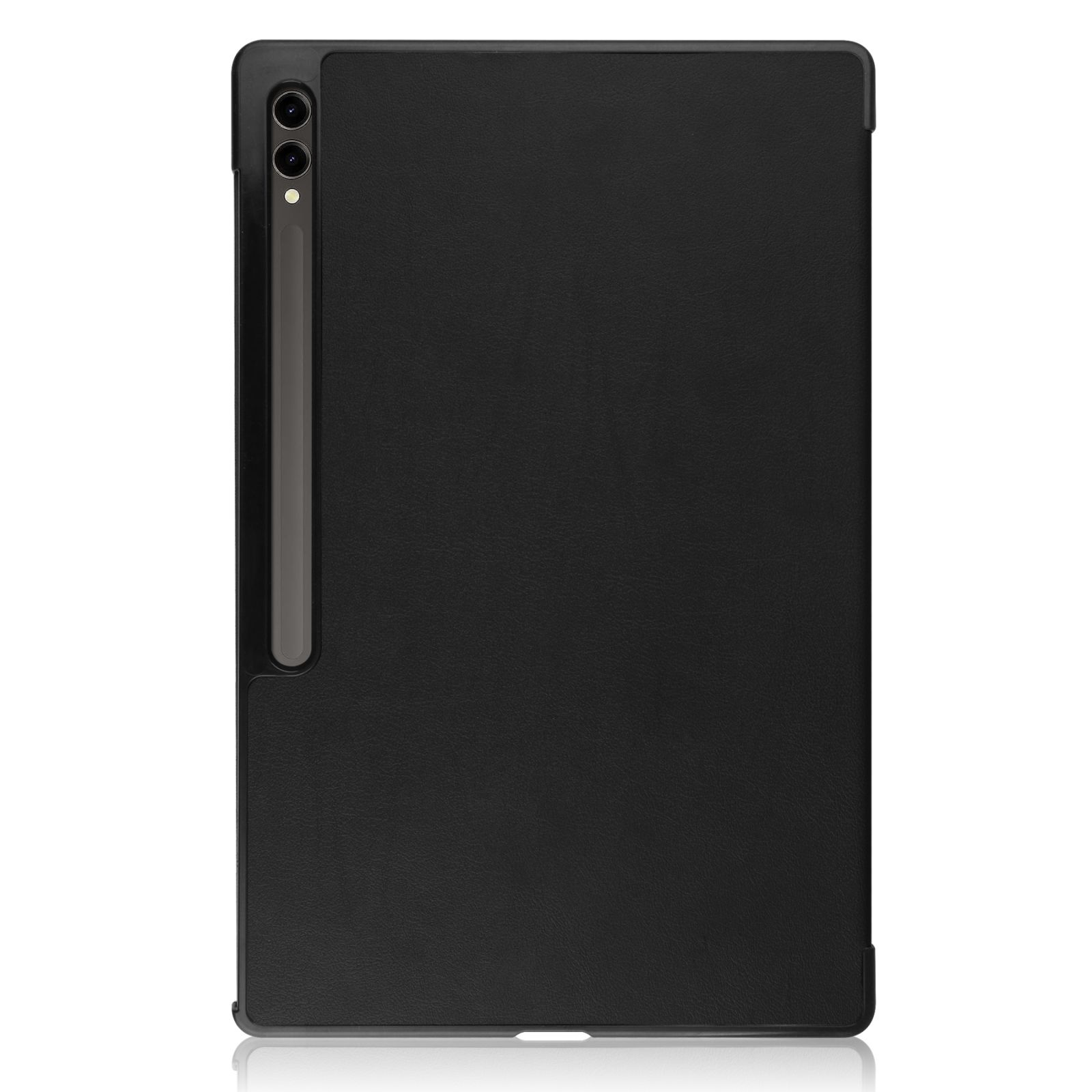 Schwarze Tablethülle mit matter Oberfläche und Stifthalter an der Seite. Die Hülle ist geschlossen und flach.